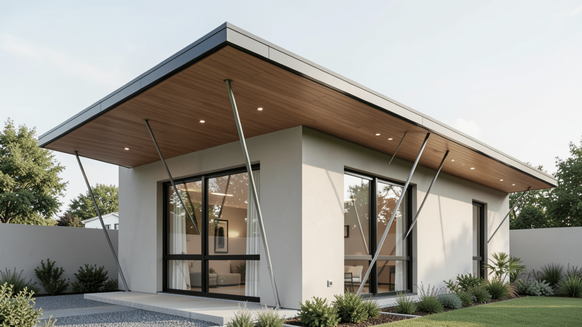 modern home with sleek cable supported roof extension featuring stylish front porch overhang ideas and clean architecture