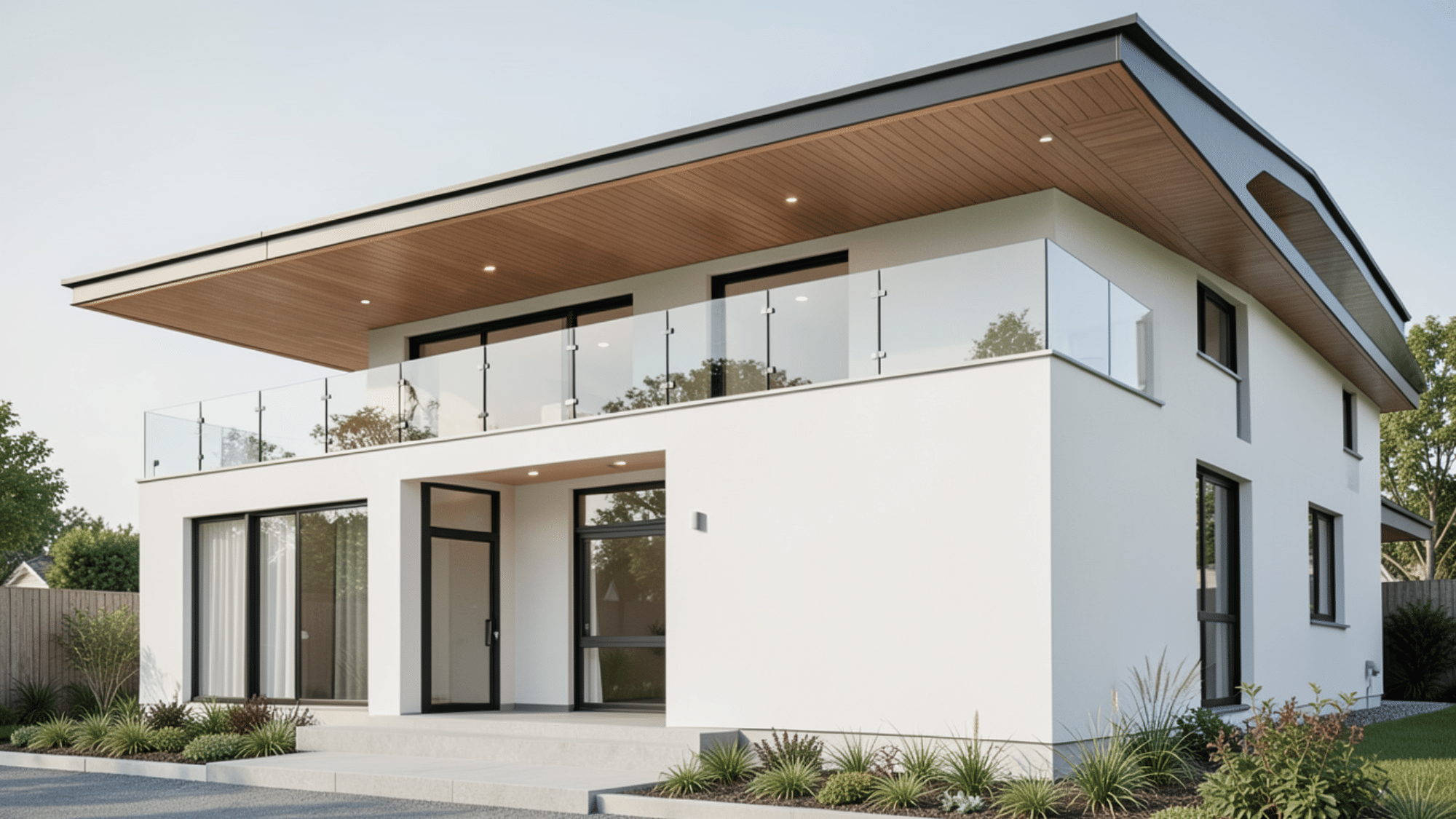 modern home with sleek glass balcony railings and extended roofline featuring luxury front porch overhang ideas outdoors
