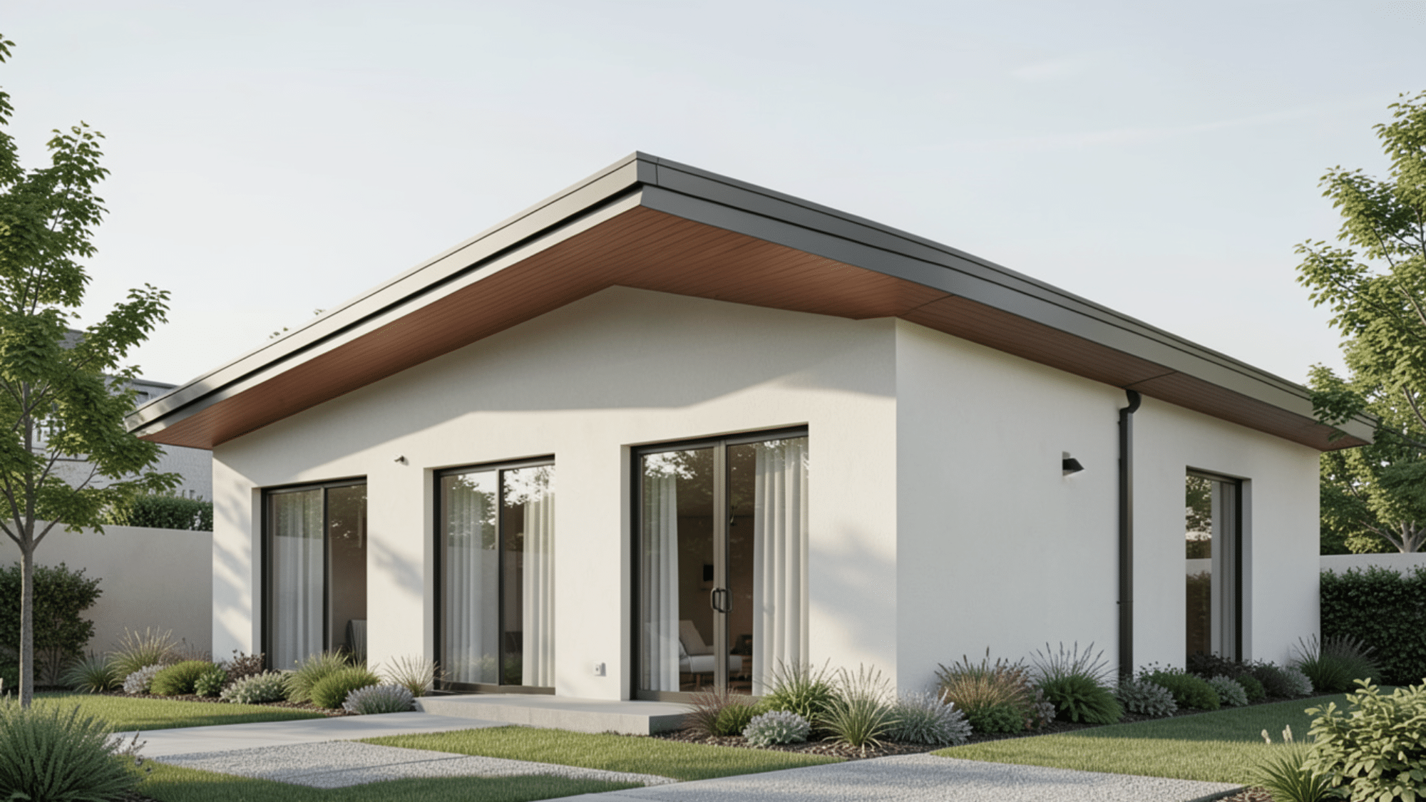 modern home with sleek roofline and hidden gutters showcasing stylish front porch overhang ideas with clean lines