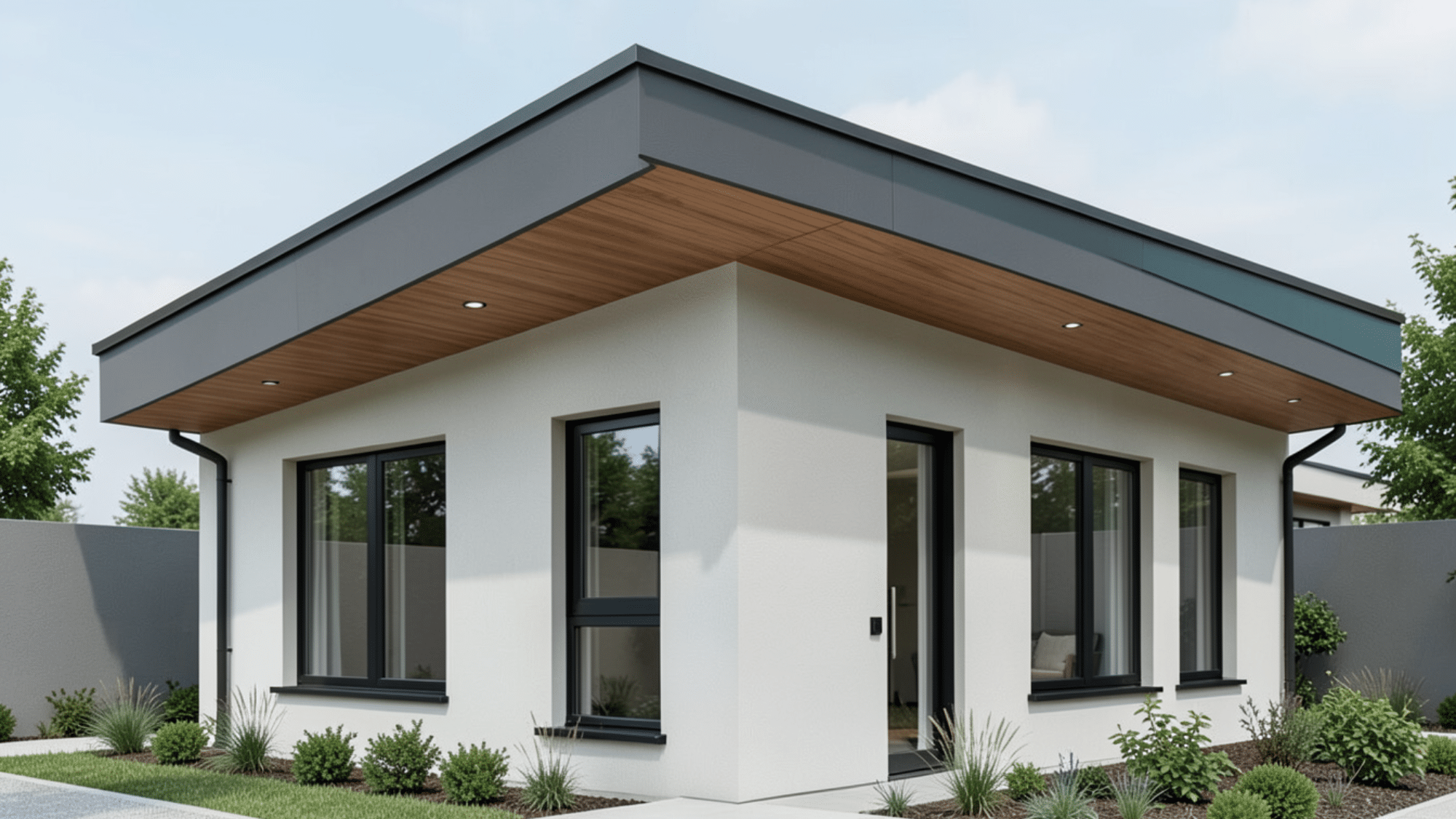 modern home with two tone painted overhang wood soffit and dark fascia highlighting stylish front porch overhang ideas