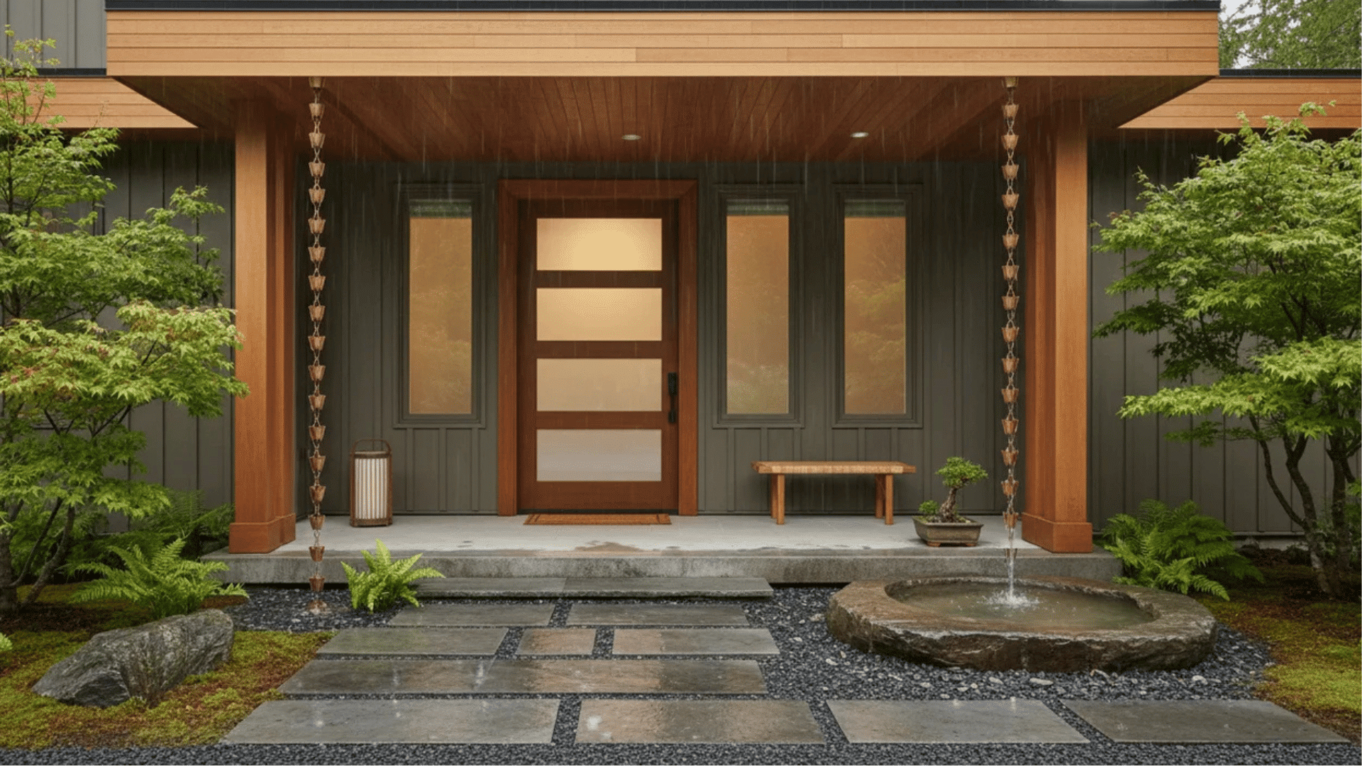 modern house entrance with wooden door stone pathway and water feature surrounded by green plants