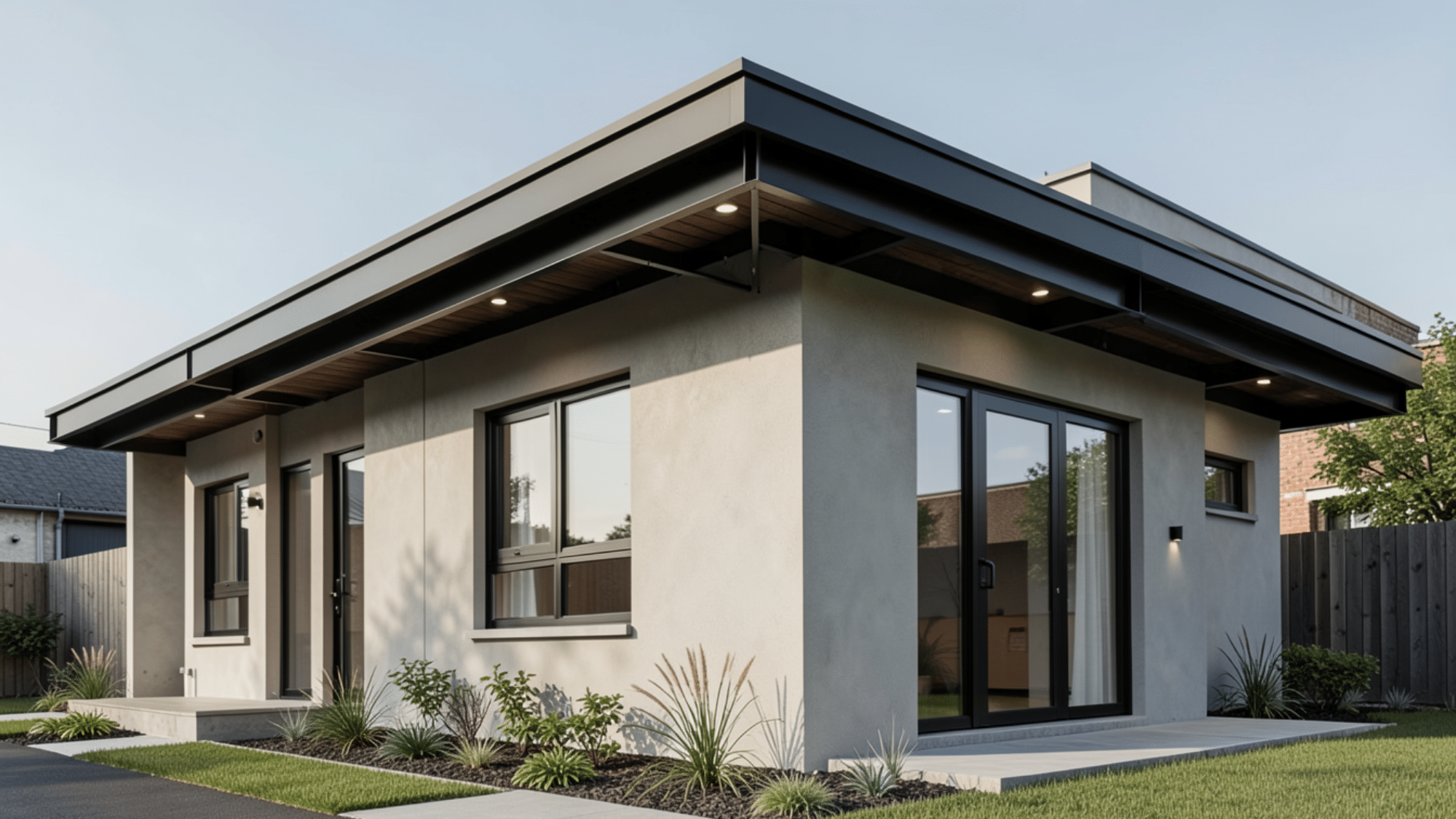 modern industrial home with black metal overhang and exposed steel details featuring bold front porch overhang ideas outdoors
