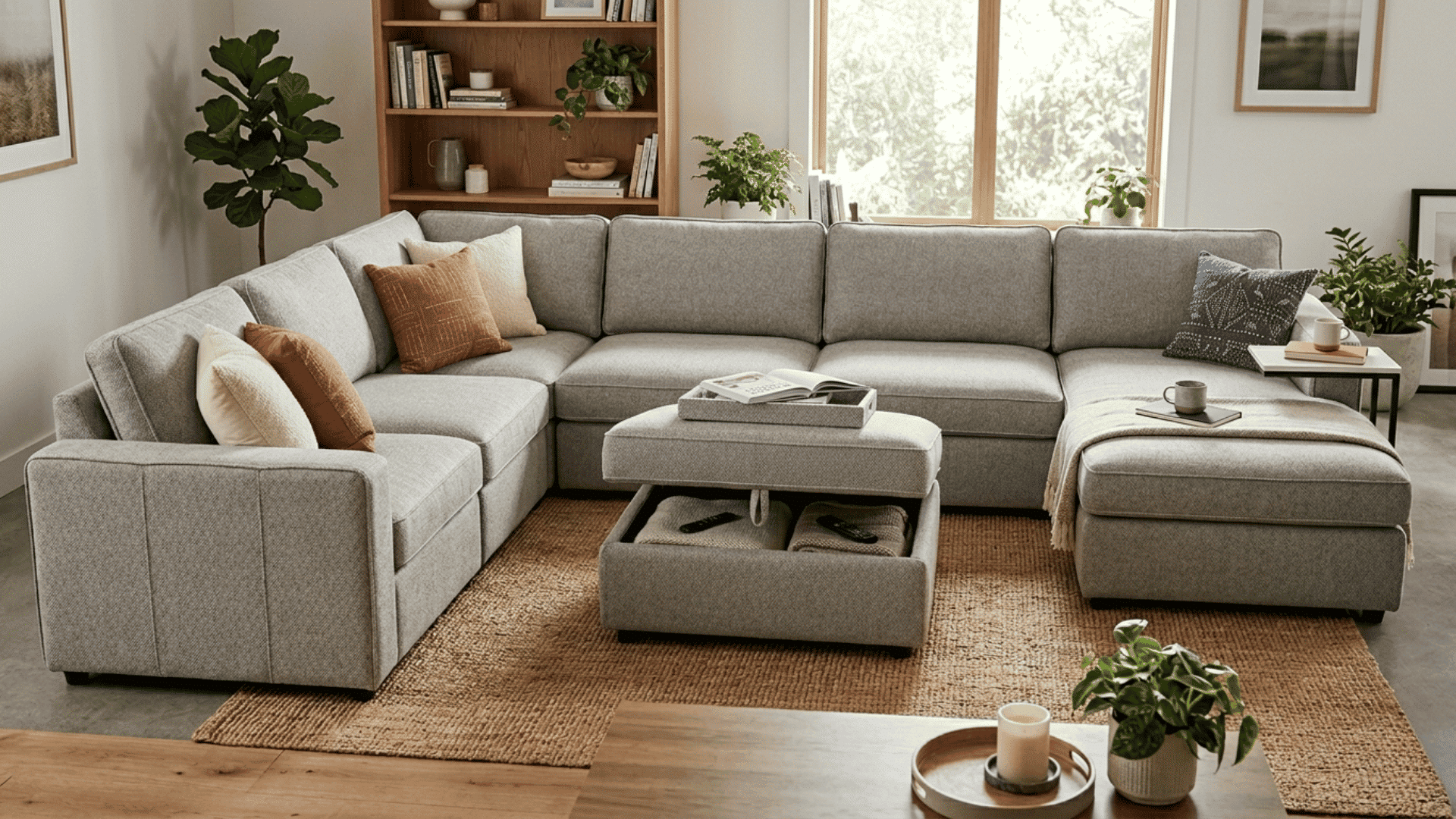 modern living room with gray sectional sofa and storage ottoman beside wooden shelves and indoor plants