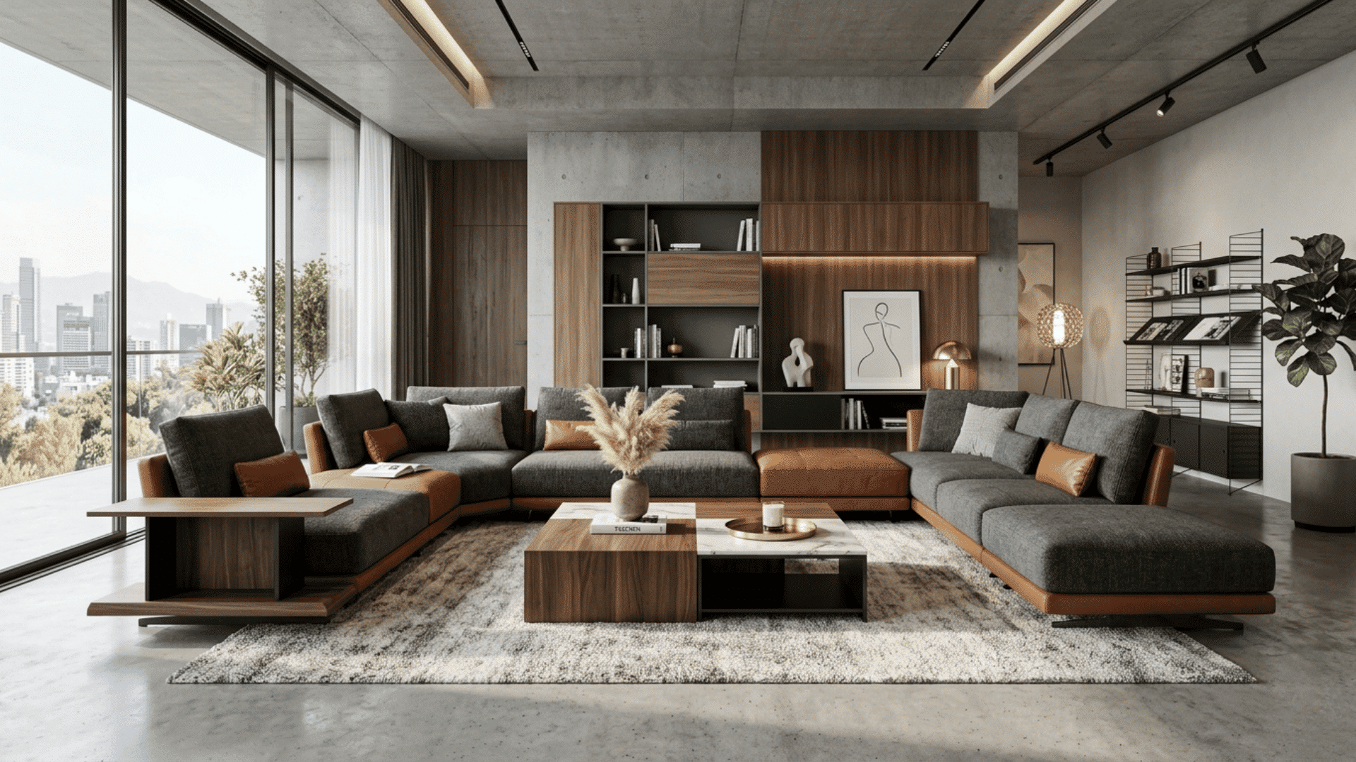 modern living room with gray sectional sofas wood shelves and tall windows facing a city skyline