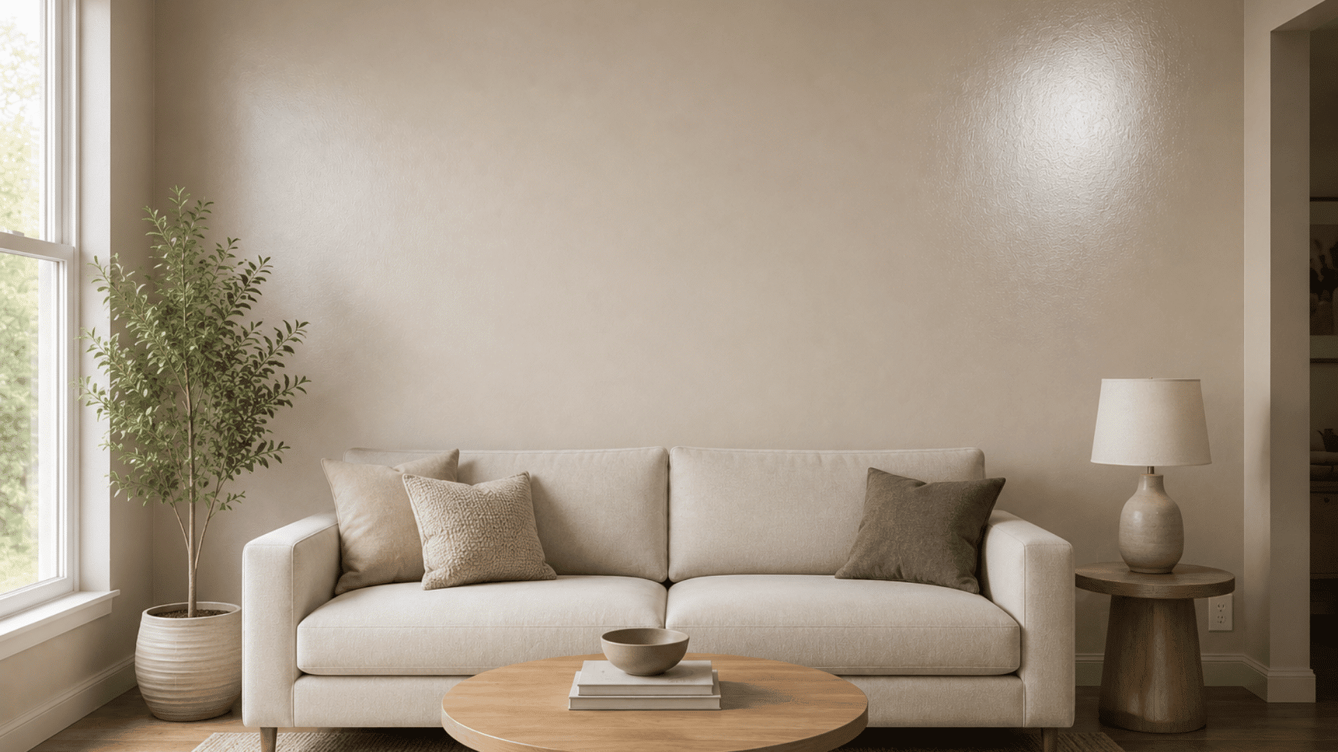 modern living room with satin painted wall soft beige furniture wooden decor and glossy light reflection