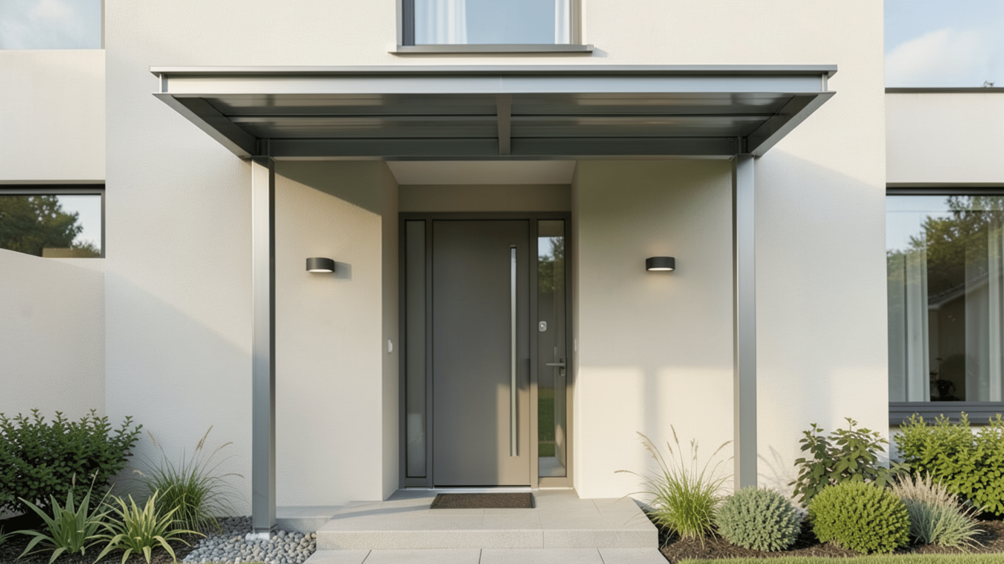 modern metal awning showcasing front porch overhang ideas with sleek lines durable structure and a clean minimalist entryway
