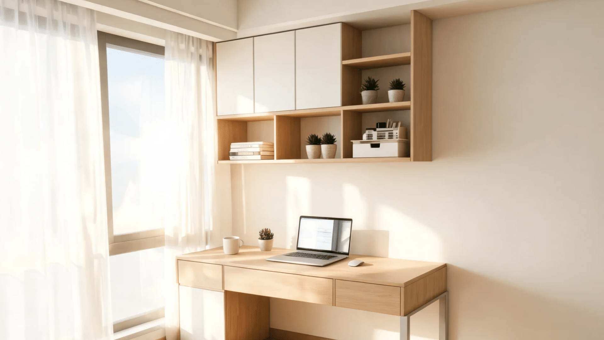 modern modular home office with wall storage, desk, and clean workspace in natural light