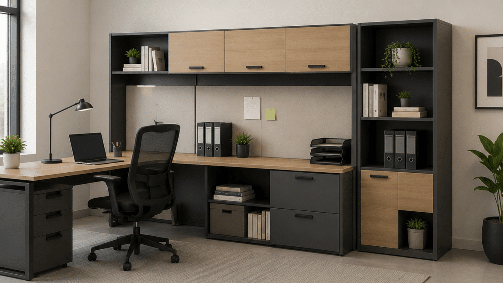 modern office workspace with wooden desks black chairs storage shelves and meeting table in minimalist interior