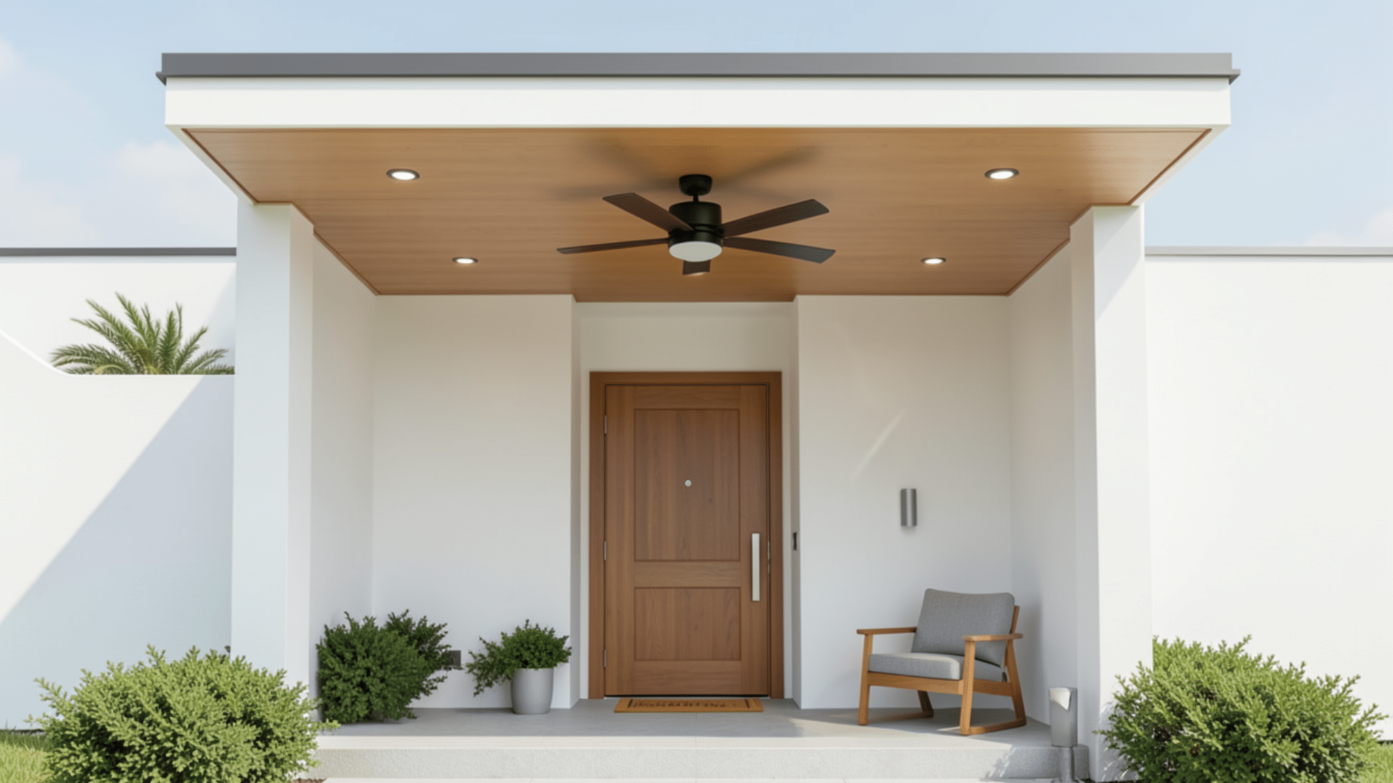 modern porch overhang with ceiling fan and recessed lights perfect front porch overhang ideas for comfort and style