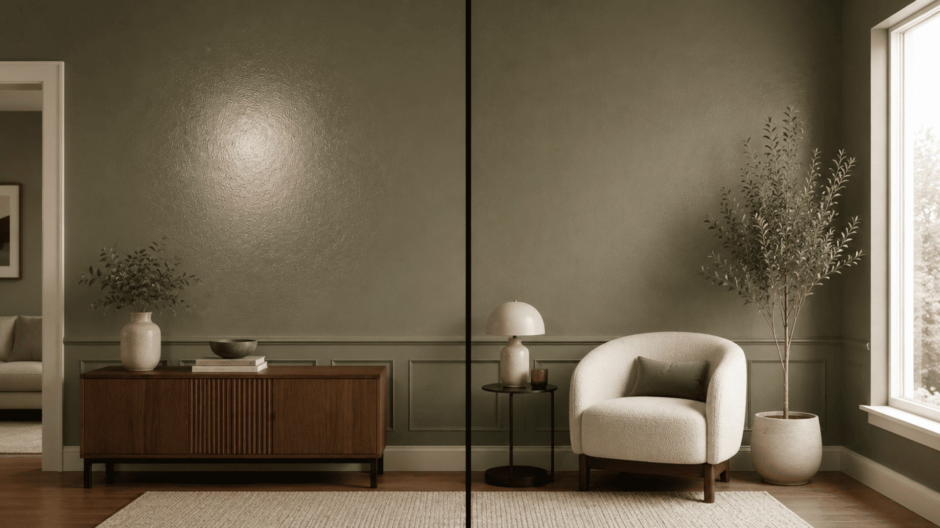 modern room with green eggshell and satin paint walls showing matte and glossy finish differences with stylish furniture