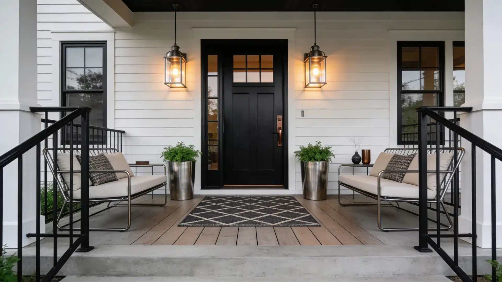 modern seating with sleek metal railings and lantern lights highlighting stylish front porch ideas with contemporary charm