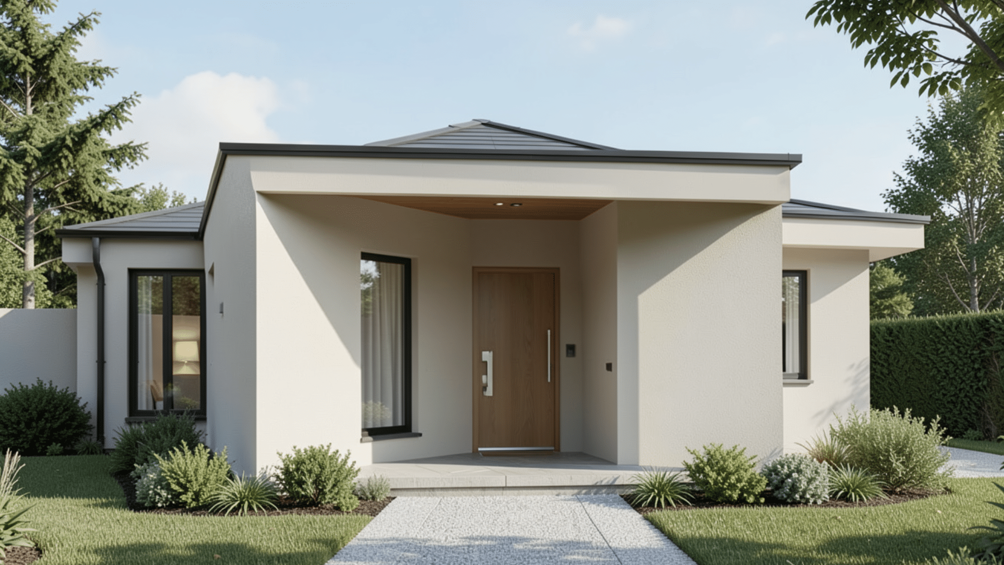 modern shed style entry showcasing clean front porch overhang ideas with a sleek roofline and minimalist design