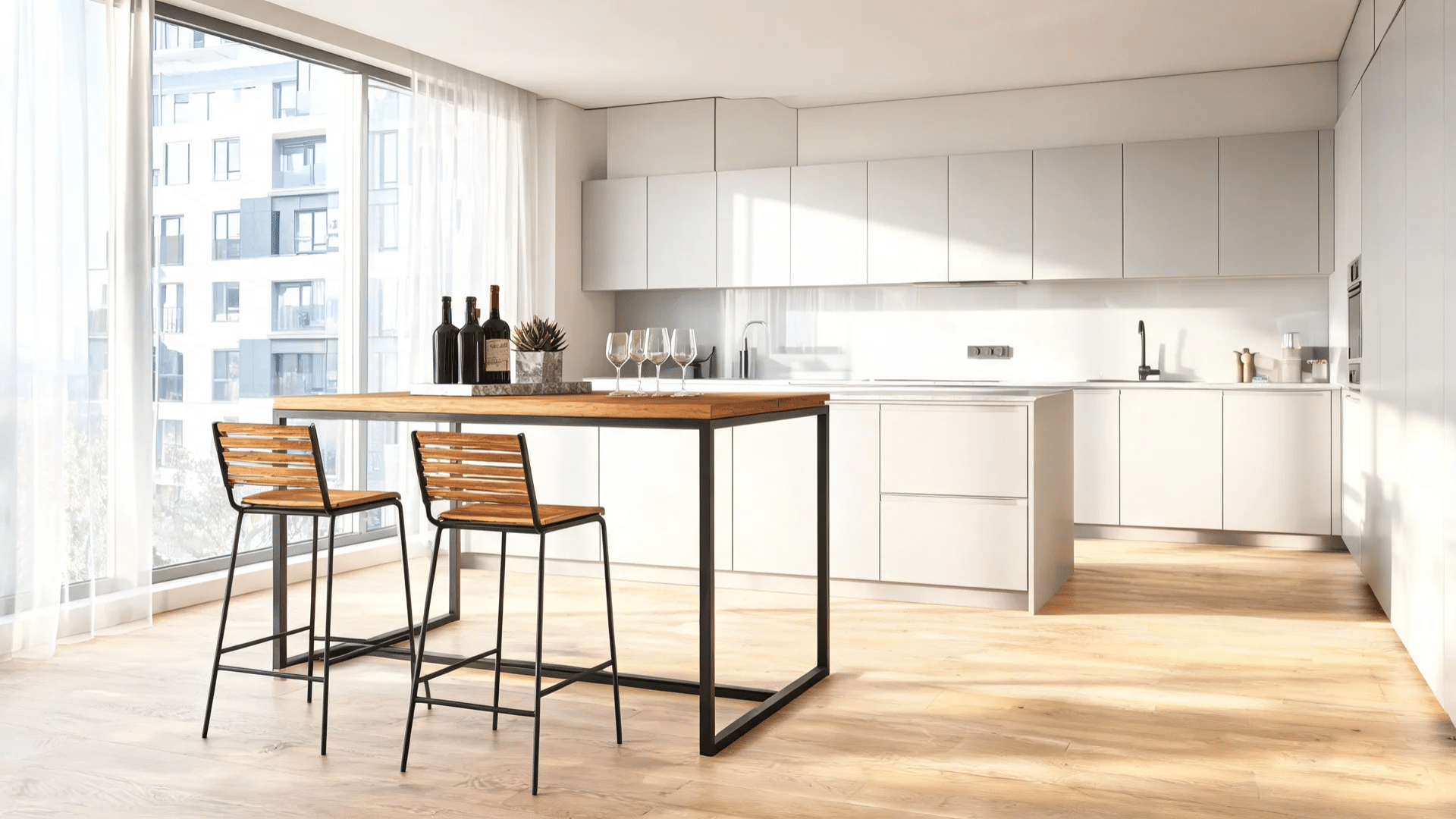 modern white kitchen with counter height dining table and tall wooden bar chairs near window