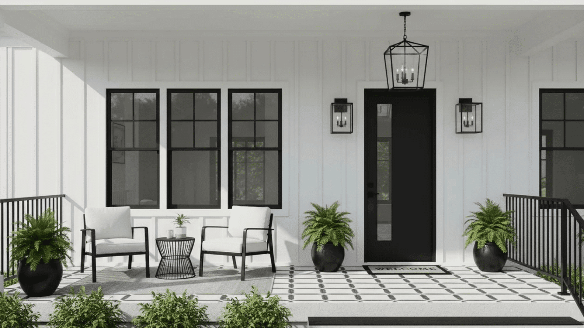 modern white porch with black door chairs and potted plants beside large windows in daylight