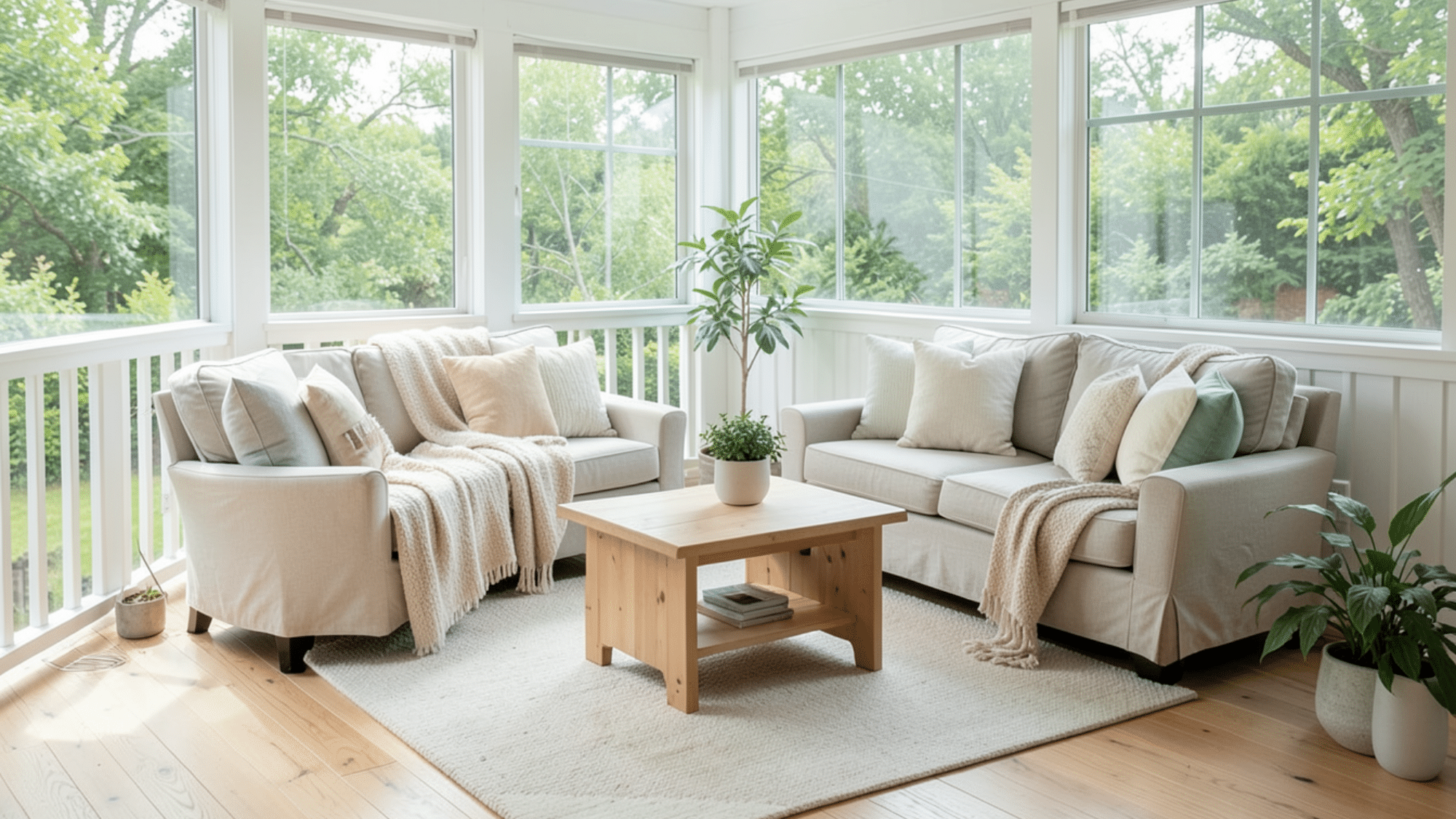 neutral fabric covered cushions on cozy seating perfect for enclosed porch ideas on a budget