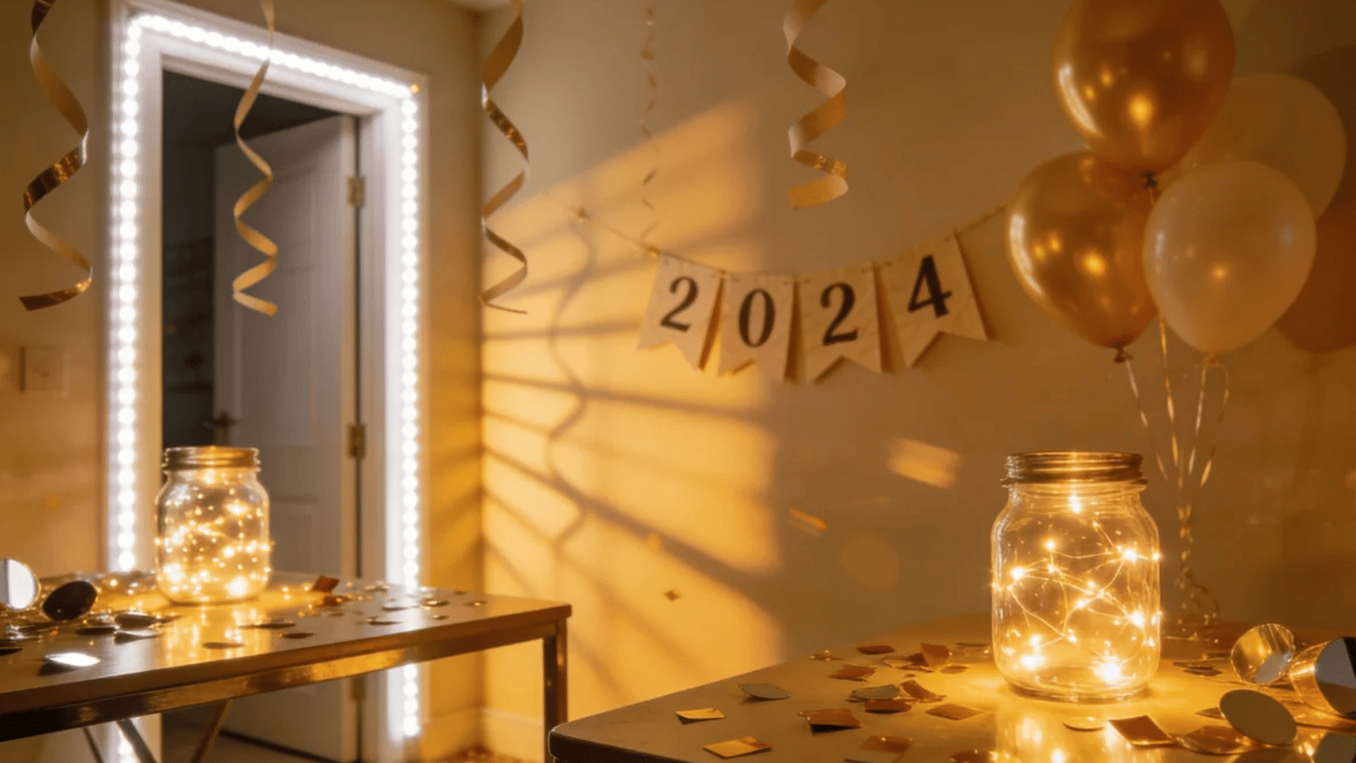 new year party setup with balloons banner and glowing jars on tables with confetti scattered around room