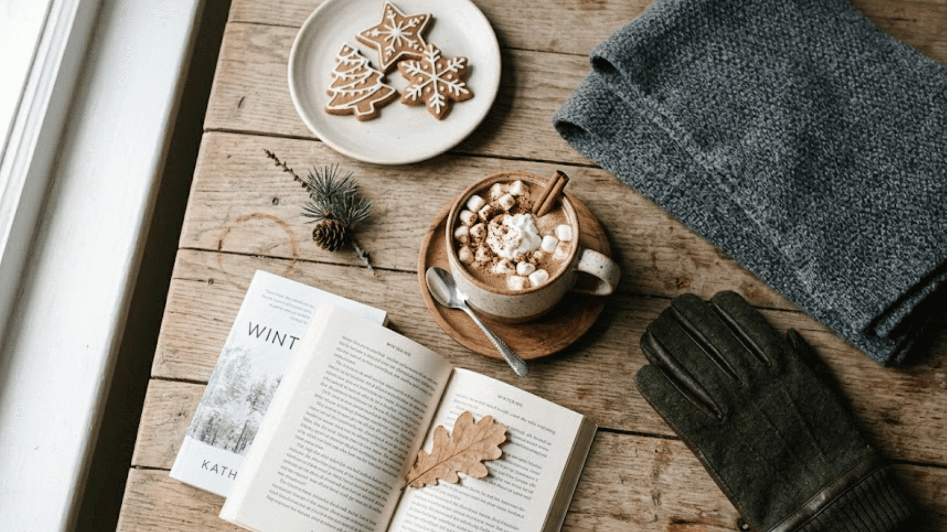 open book on wooden table with hot drink topped with marshmallows cookies gloves and scarf creating cozy winter reading scene