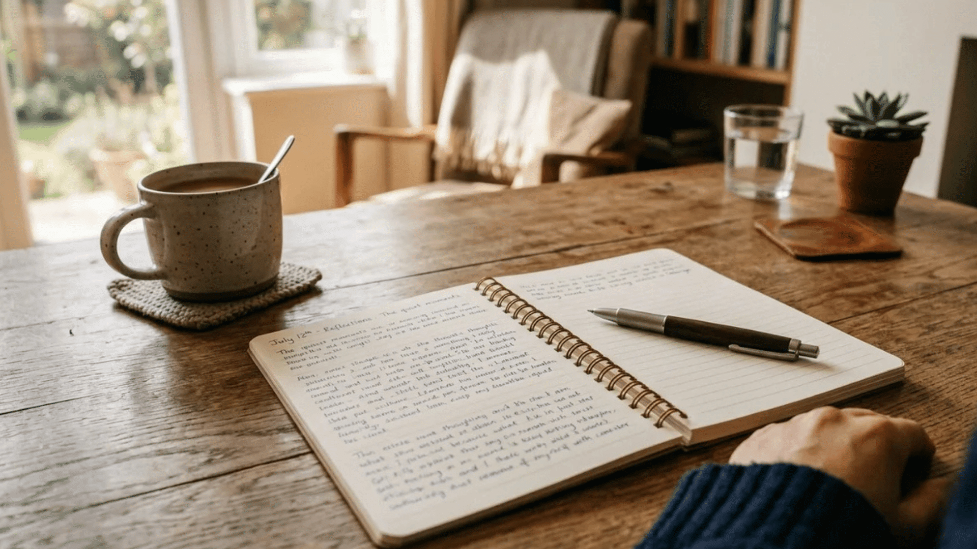 open notebook with handwritten notes on wooden table beside coffee mug and pen in calm home workspace with natural light