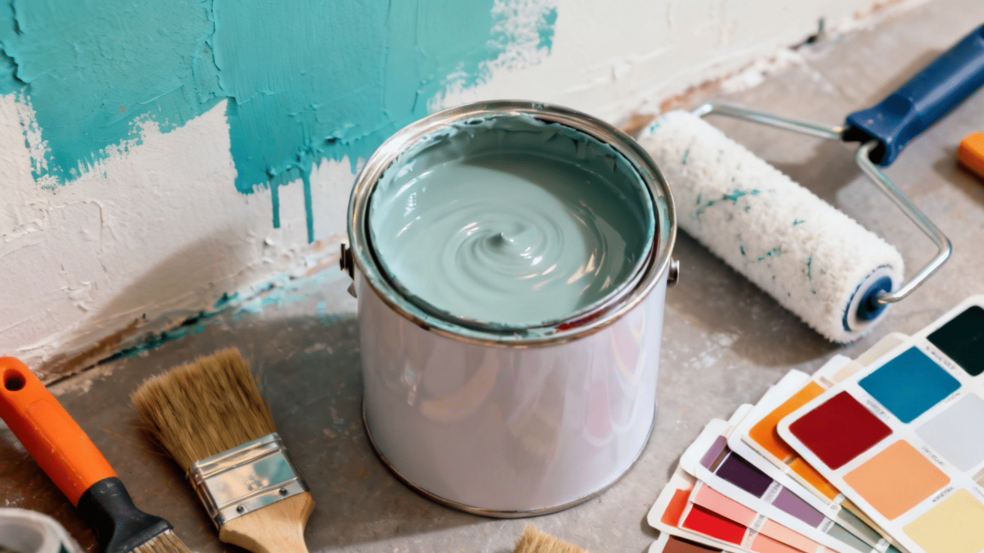 open paint can with teal paint beside roller brush and color swatches on floor near wall being painted