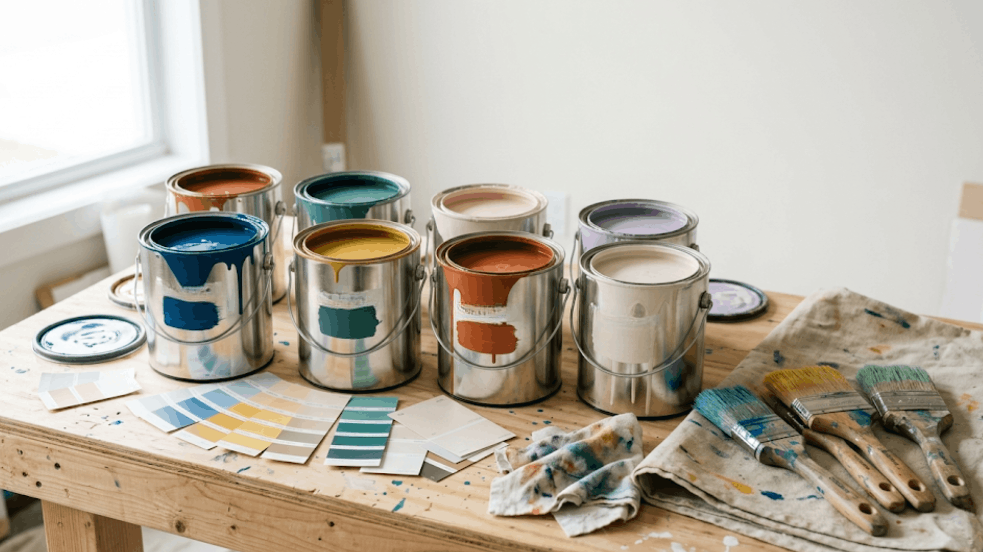 open paint cans in multiple bright colors arranged on a table with paintbrushes (3) (1)