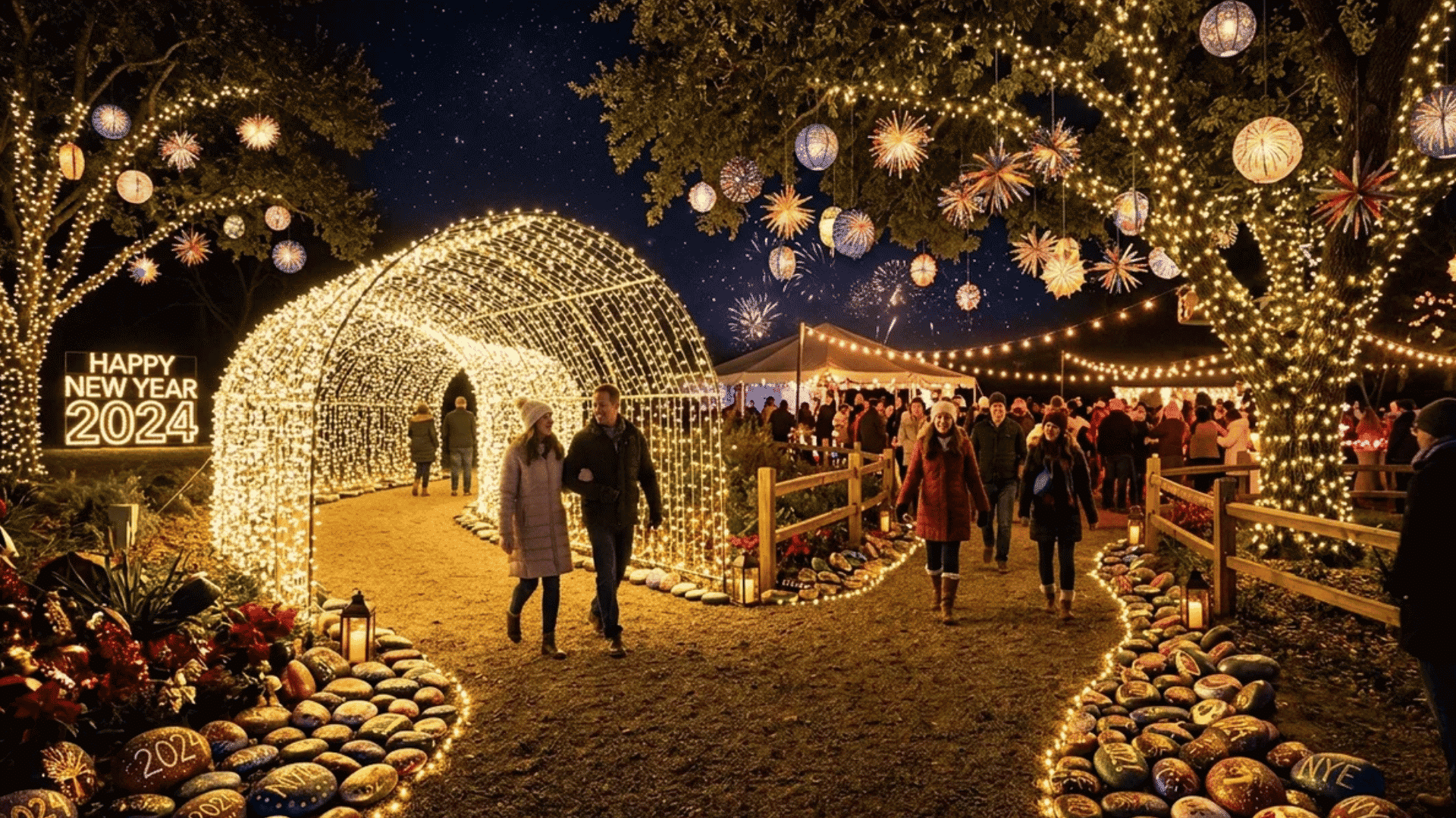 outdoor new year celebration with people walking along lighted path under glowing arches and decorated trees at night