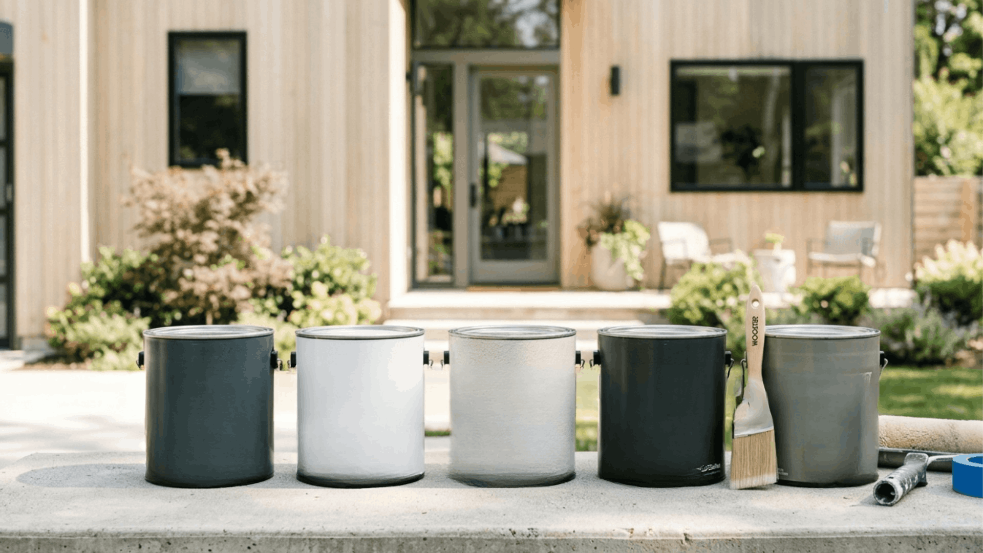paint cans labeled for exterior use sit on concrete with brush roller and tape in front of modern house (2) (1)