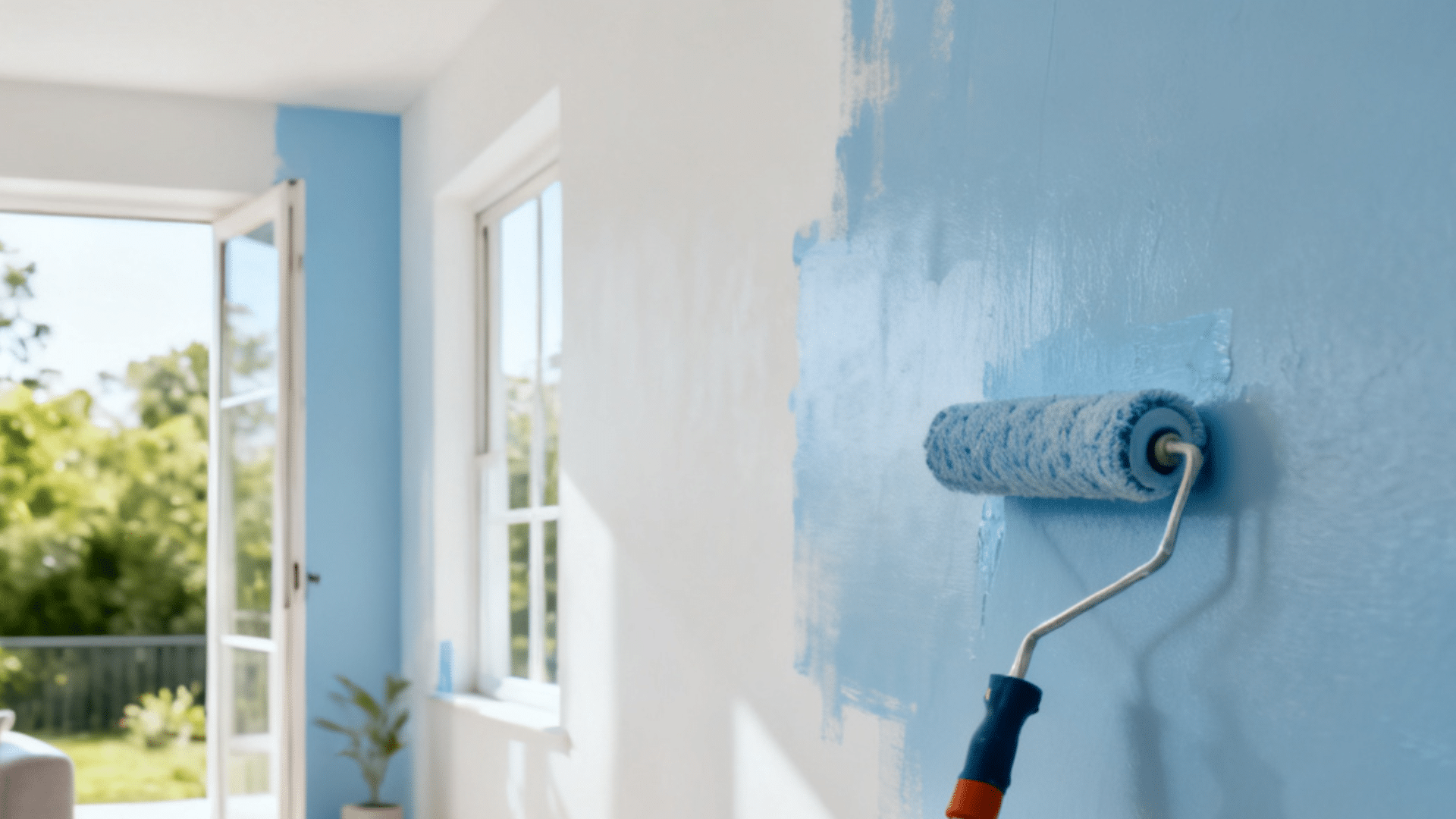 paint roller applying light blue paint on indoor wall in bright living room with open doors and sunlight coming in