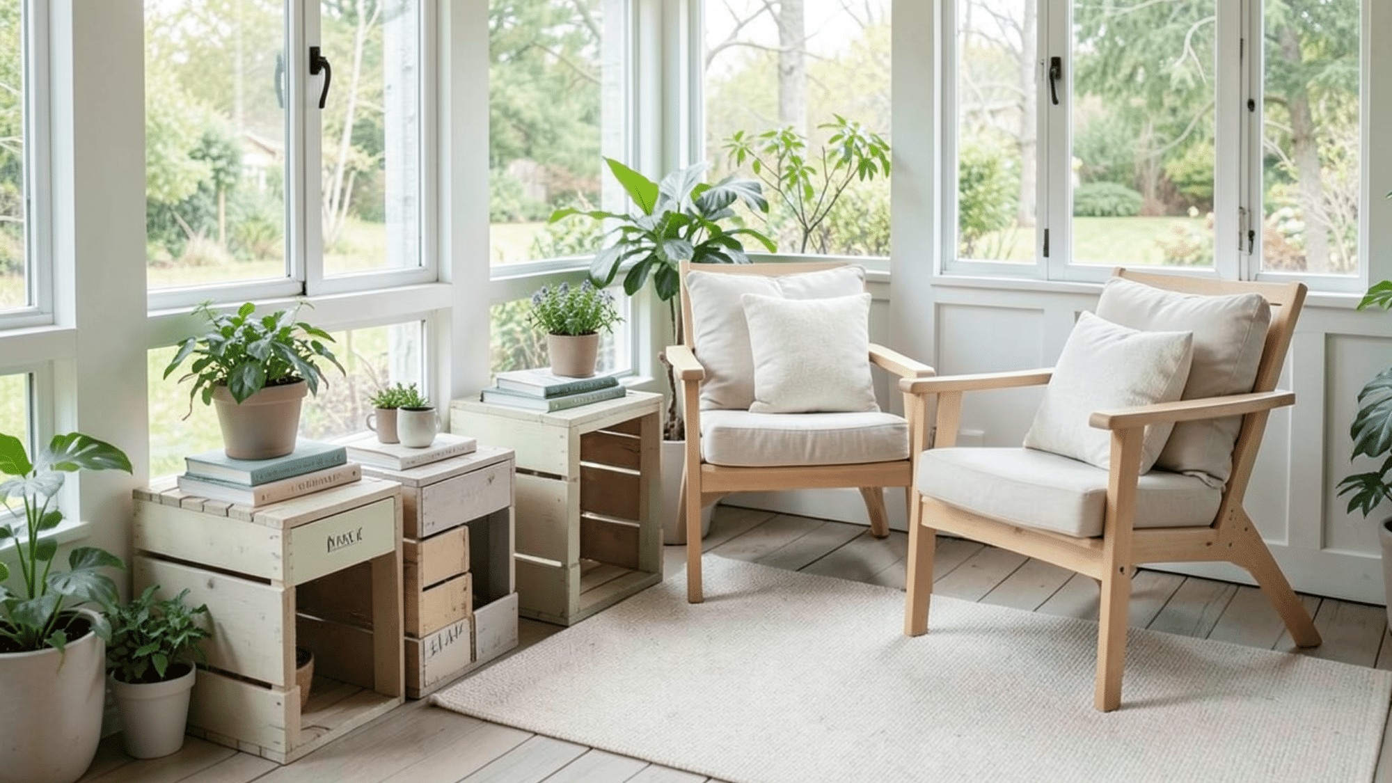 painted wooden crates used as side tables add charm perfect enclosed porch ideas on a budget with simple diy style