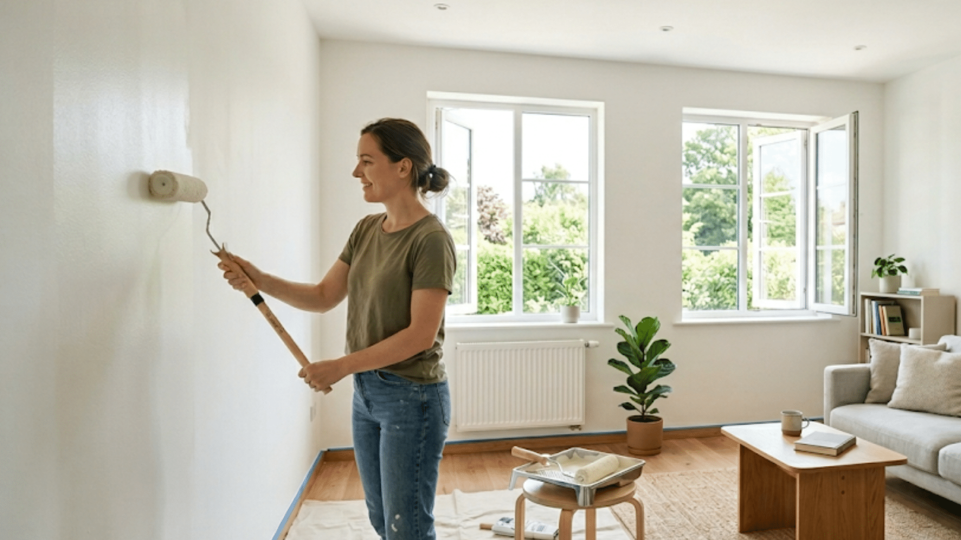 painting indoor wall with roller with water based paint in bright room with open windows showing clean safe paint use
