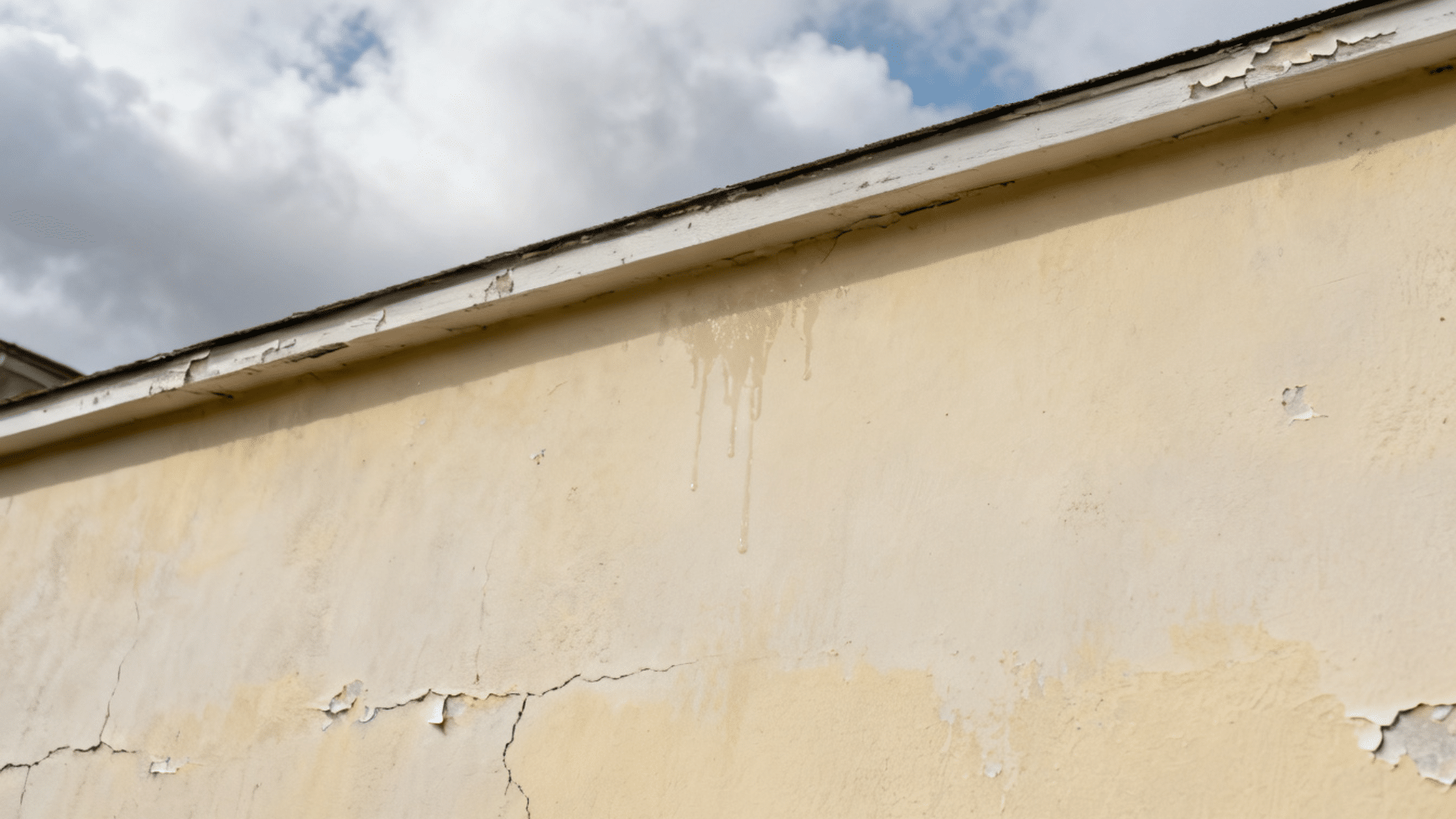 peeling exterior paint and water stains on house wall under roof showing weather damage