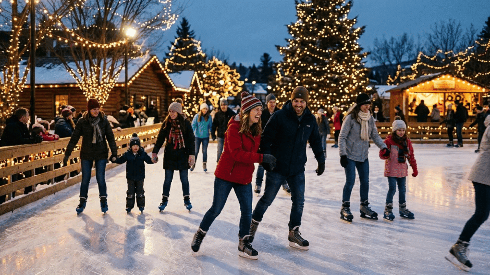 people ice skating at festive outdoor rink with glowing lights trees and wooden cabins during winter evening celebration
