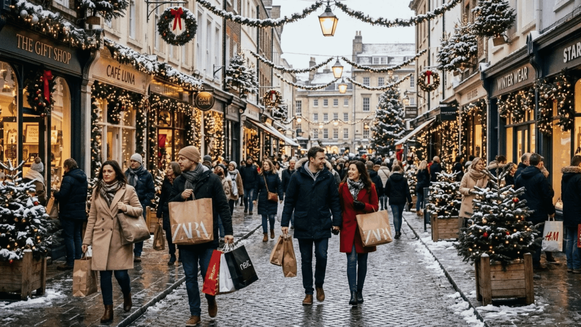 people walking along decorated shopping street with christmas lights wreaths and trees carrying bags in festive winter atmosphere
