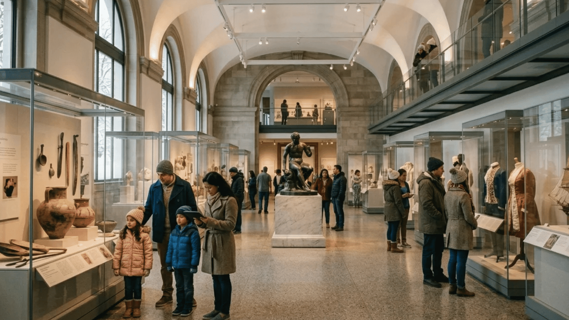 people walking through museum gallery viewing artifacts and sculptures in glass displays inside large historic building with arches