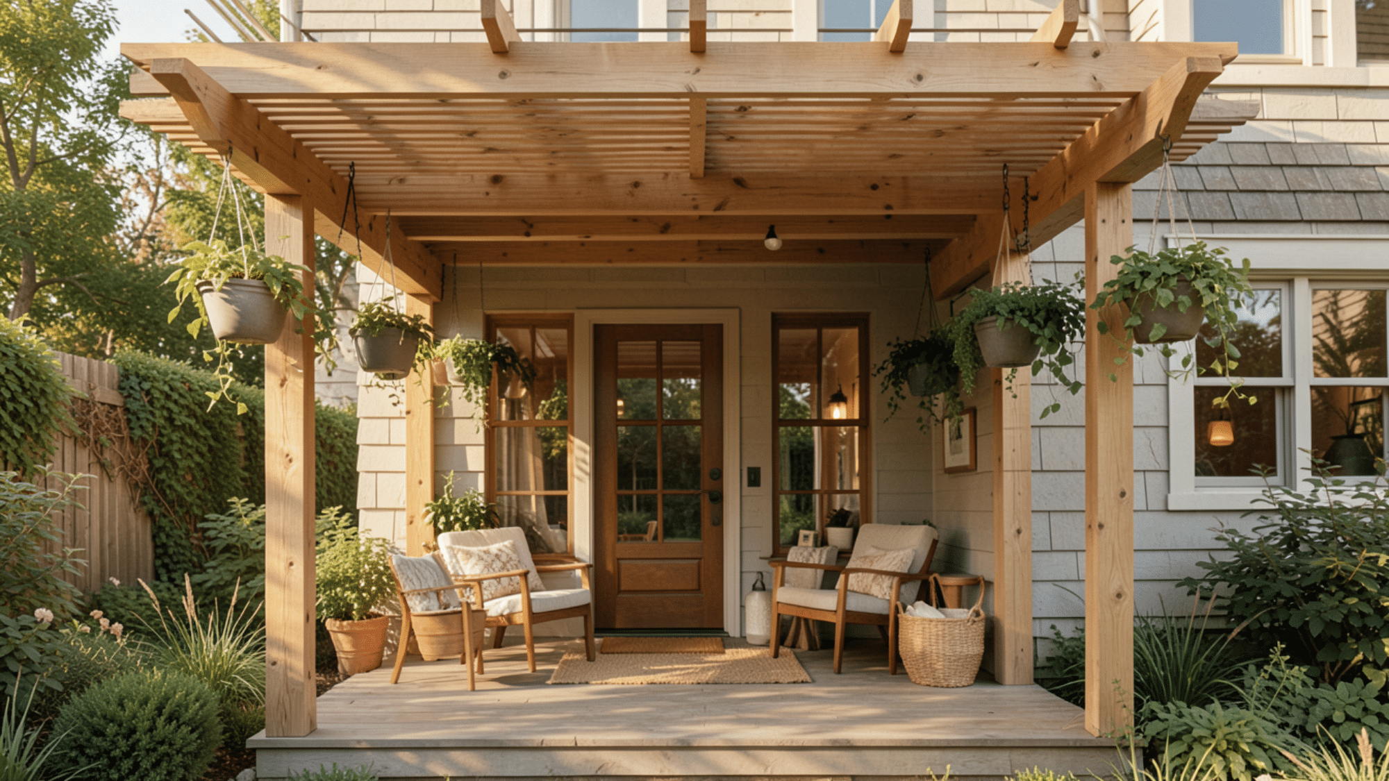 pergola style wooden design featuring front porch overhang ideas with open slats hanging plants and a cozy seating area
