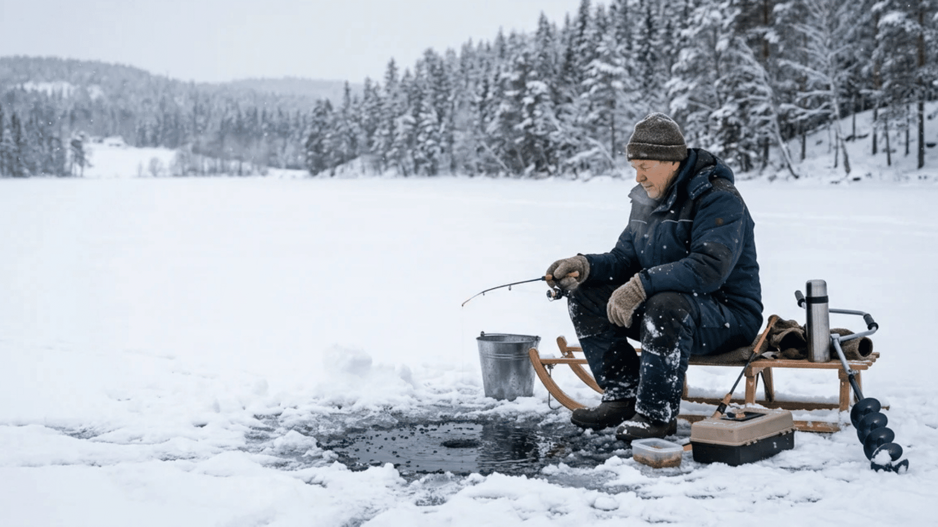 person ice fishing on frozen lake sitting on small sled holding rod near hole in ice with snowy forest landscape in background