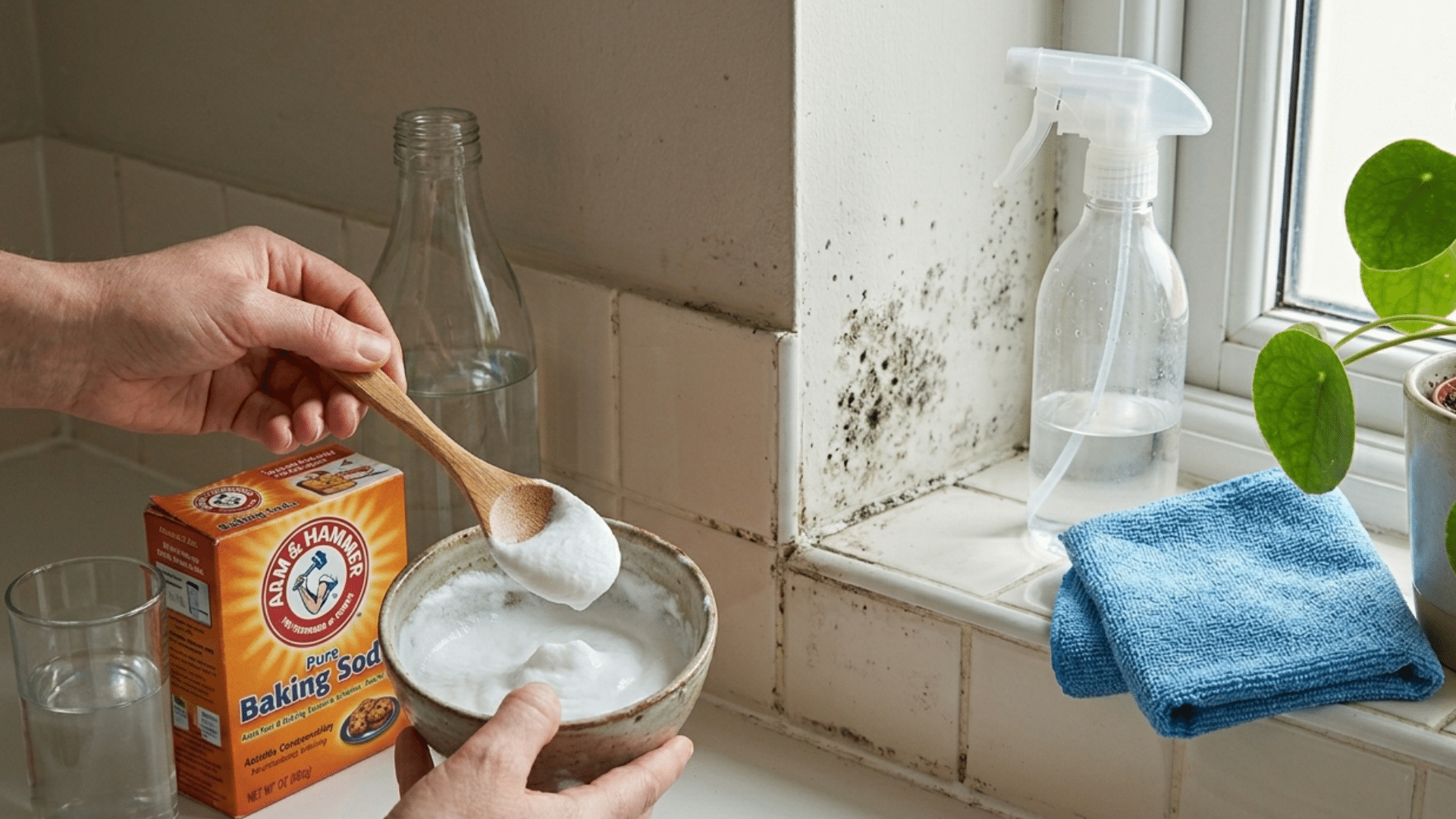 person mixing baking soda paste in a bowl beside mold on a bathroom window with cleaning spray and blue cloth
