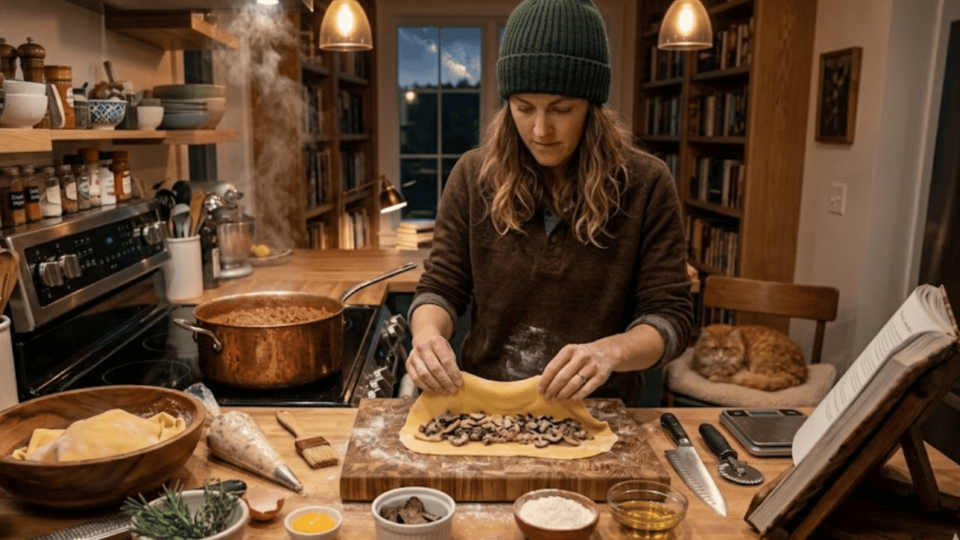 person preparing pasta in cozy kitchen rolling dough with filling on wooden counter surrounded by ingredients and cooking tools with cat resting nearby