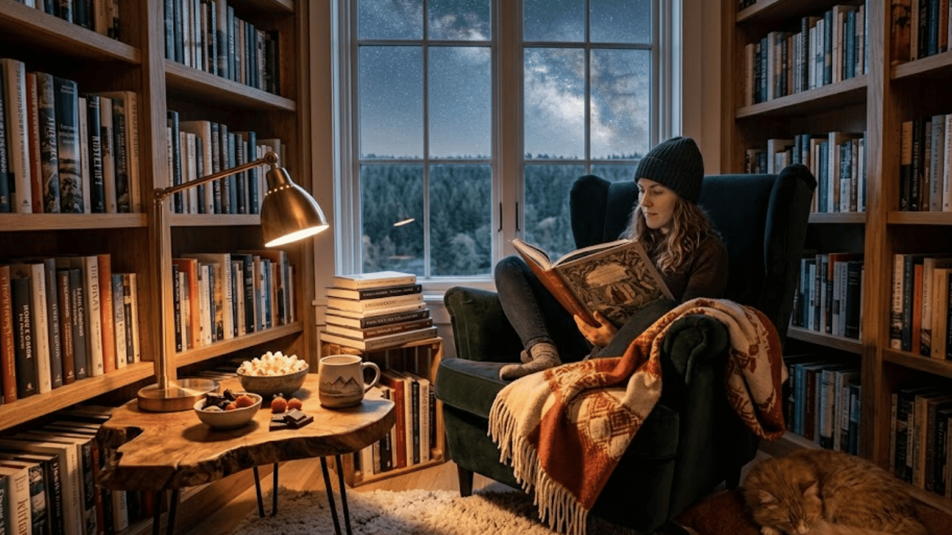 person sitting in armchair reading book in cozy library with shelves full of books window showing starry night sky and cat sleeping nearby