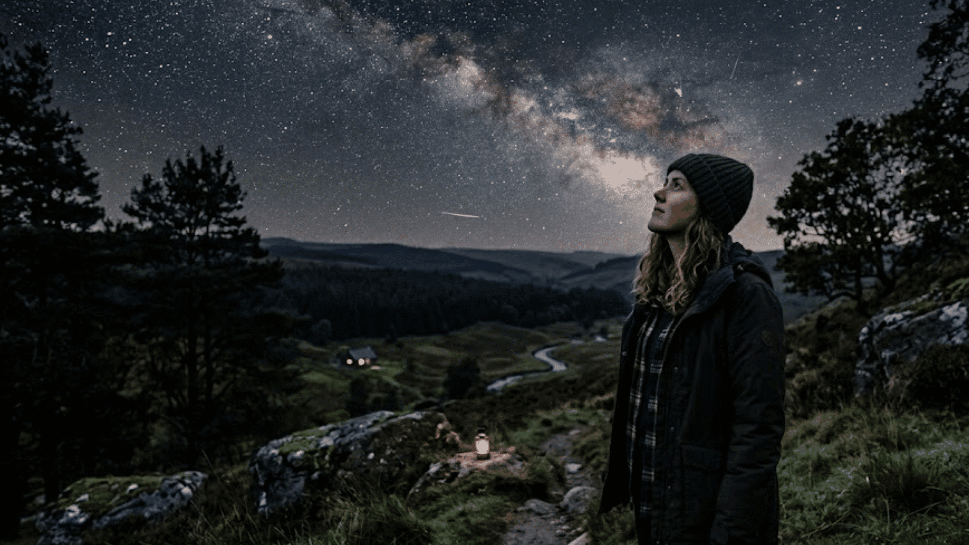 person standing on hillside at night looking up at star filled sky with milky way above valley and trees in quiet landscape