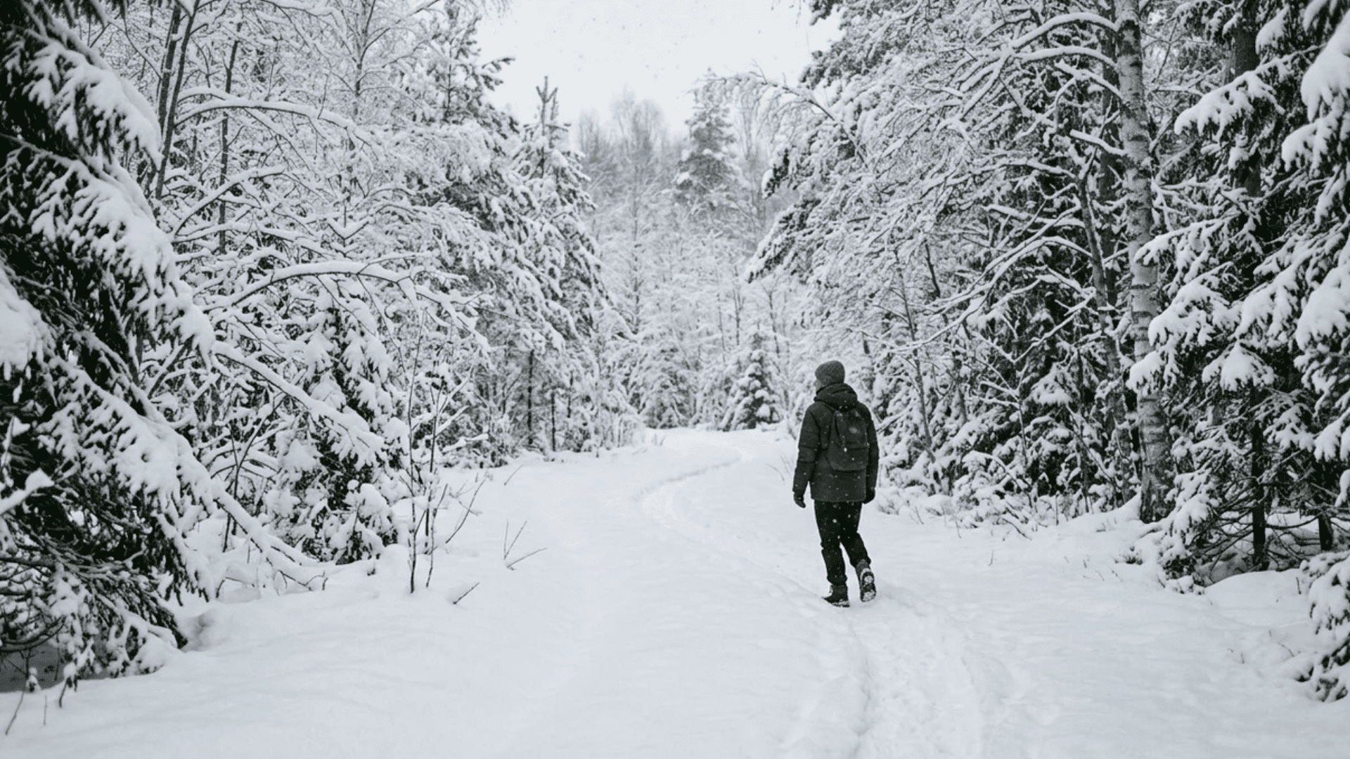 person walking along snow covered forest path surrounded by dense trees heavy with snow in quiet winter landscape