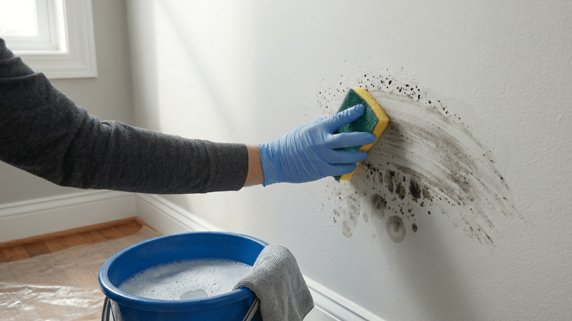 person wearing gloves scrubbing black mold from white wall with sponge beside bucket of soapy water and cloth
