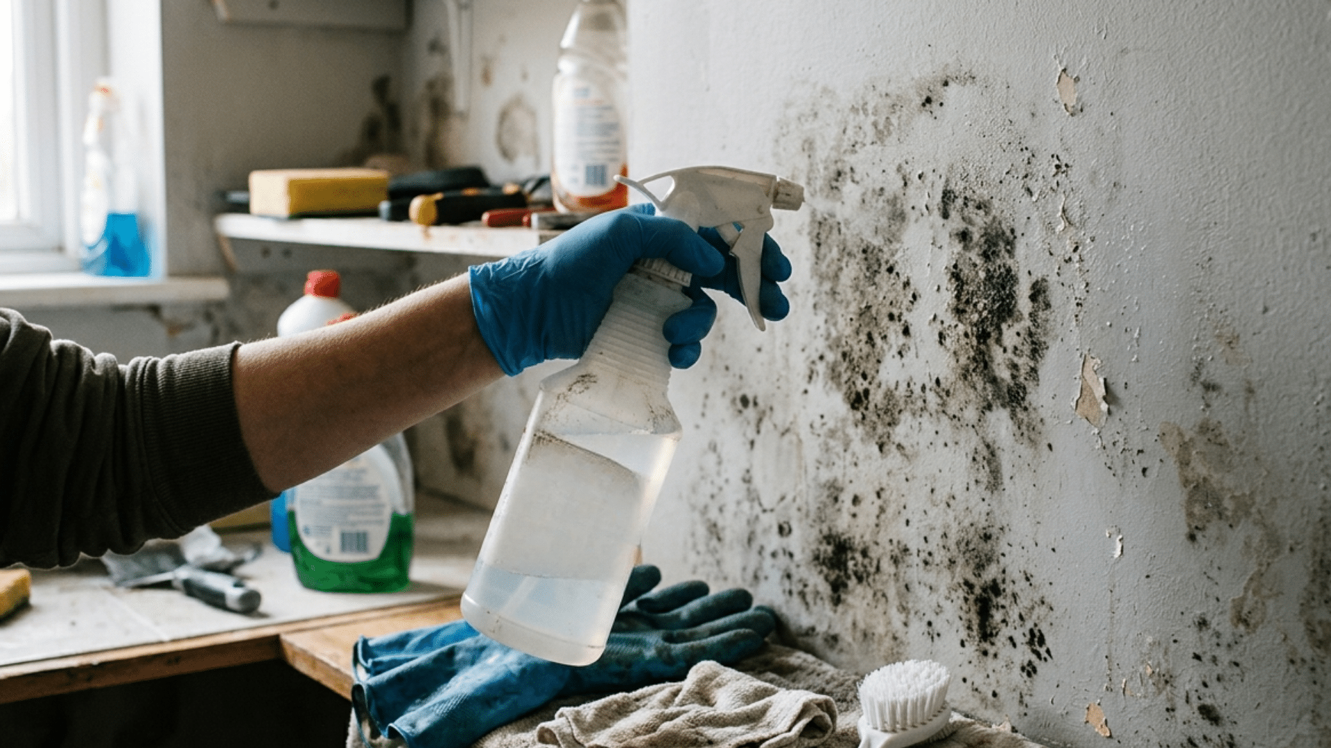 person wearing gloves spraying cleaner on moldy wall beside cleaning cloths and scrub brush in room