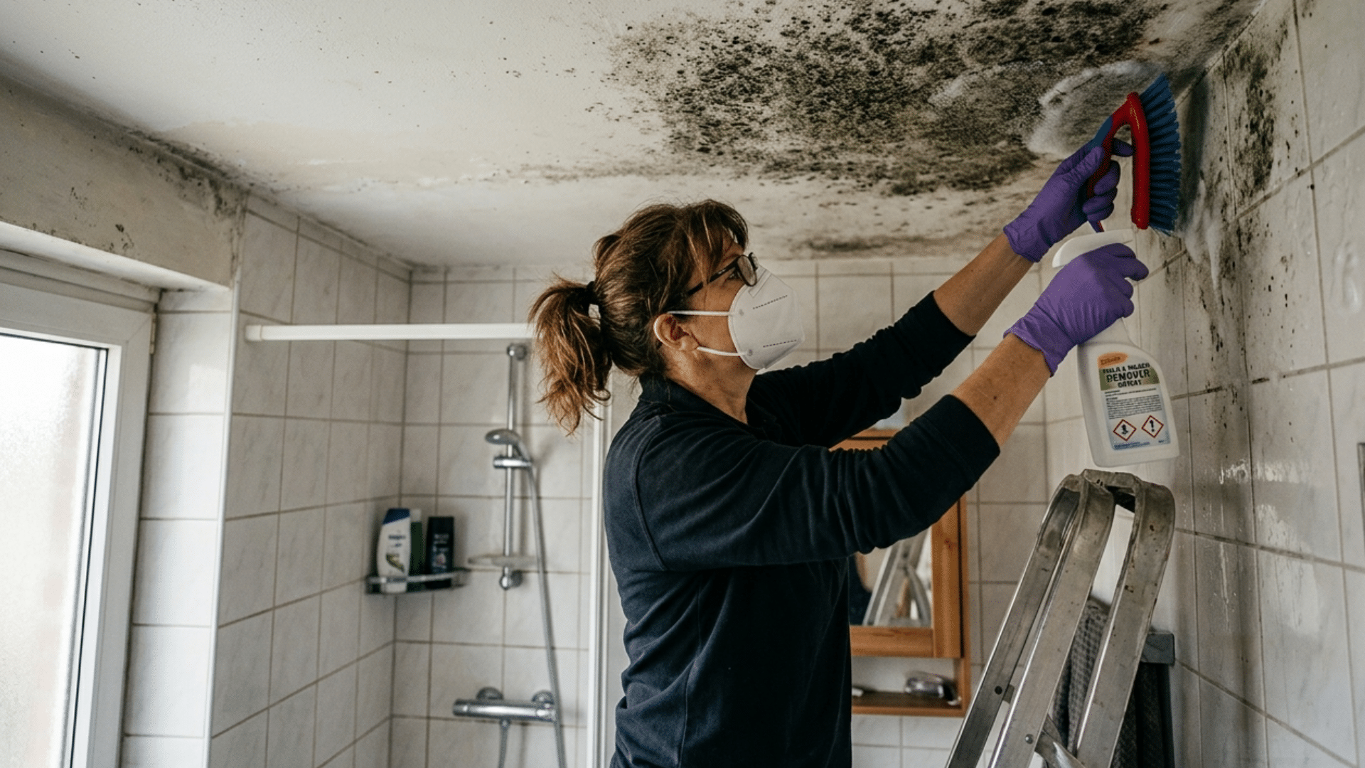 person wearing mask and gloves scrubbing heavy mold from bathroom ceiling while standing on ladder with cleaning spray