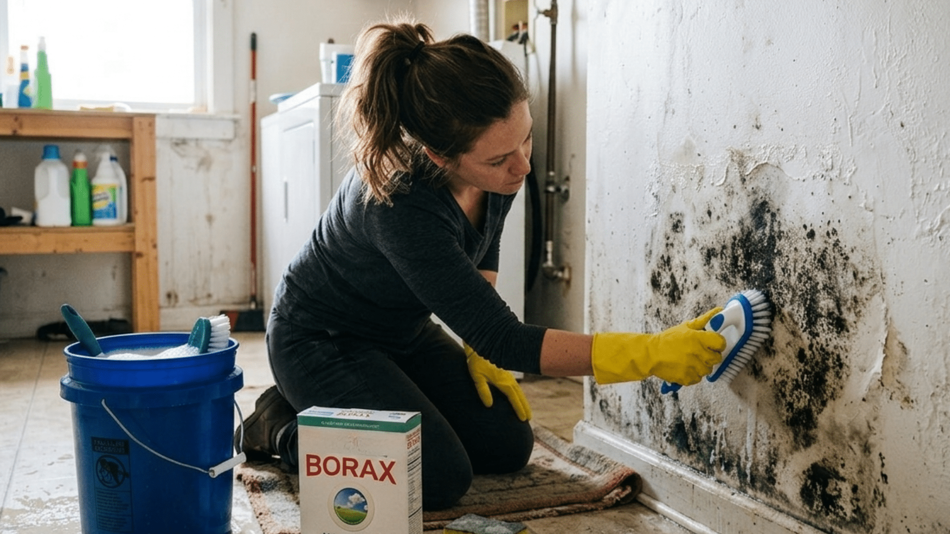 person wearing yellow gloves scrubbing black mold from damaged wall beside bucket and cleaning supplies in laundry room
