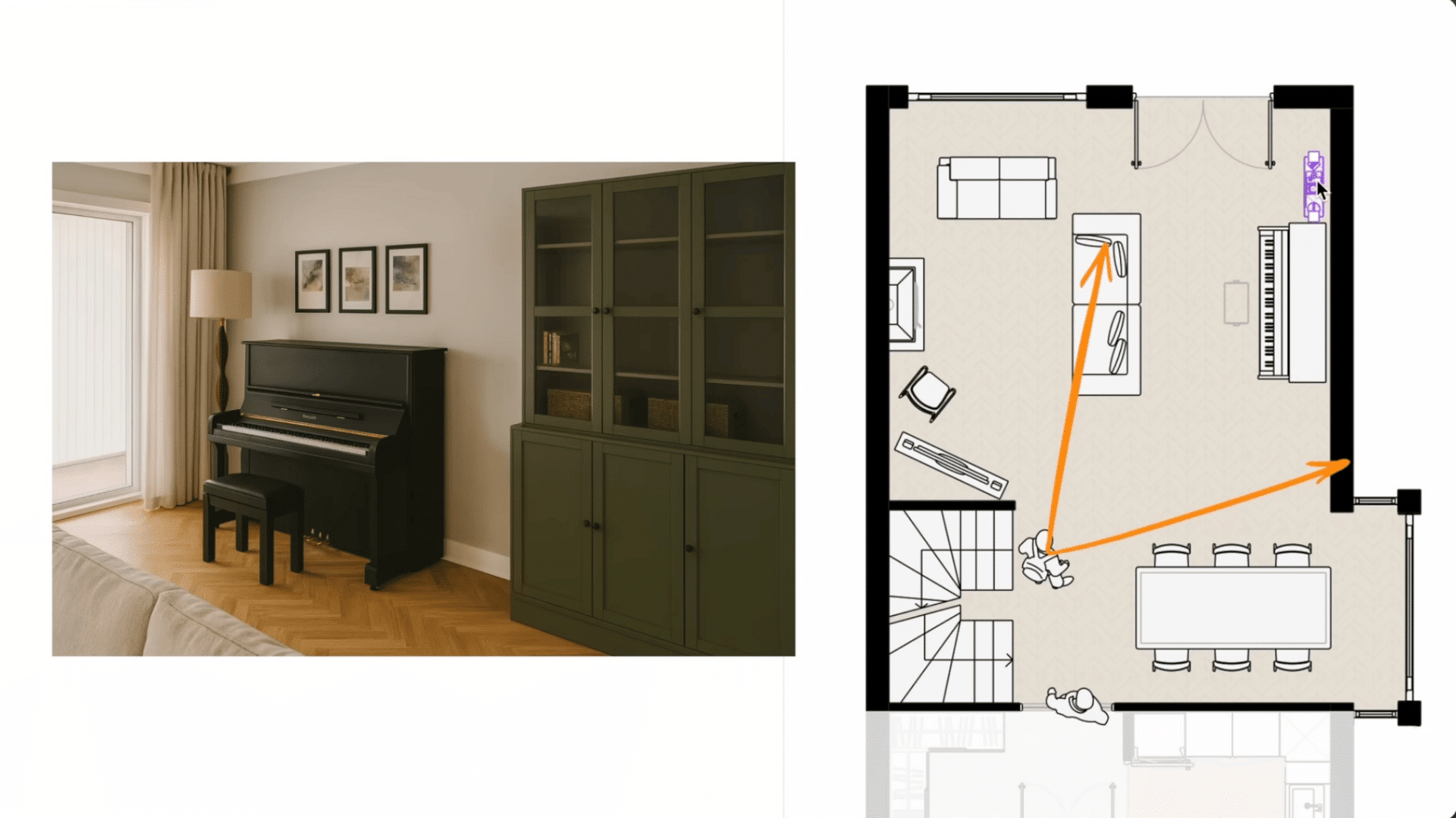 planning entry view and seating view for calm and comfortable living room setup