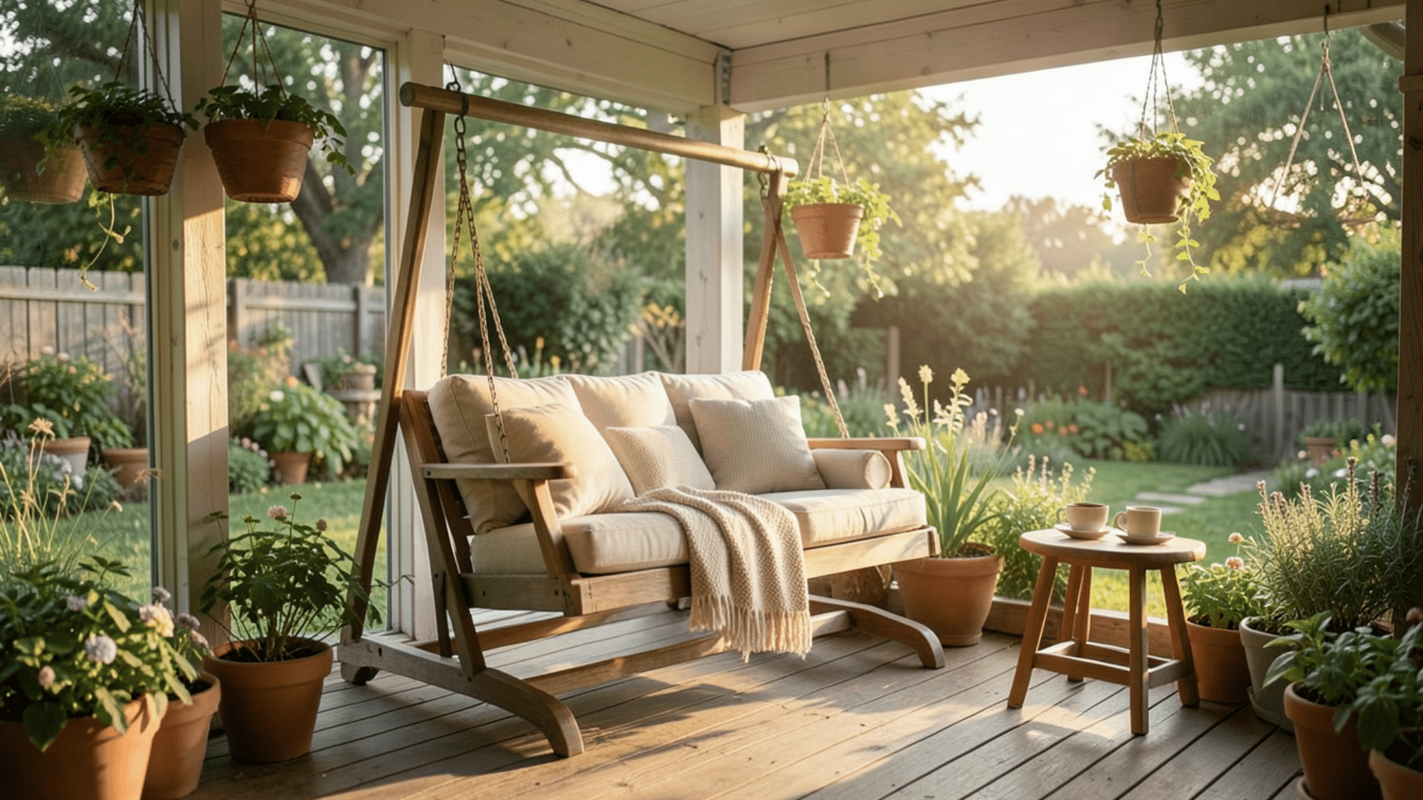 porch swing with stand and cushions on a cozy deck a relaxing front porch seating ideas setup with plants