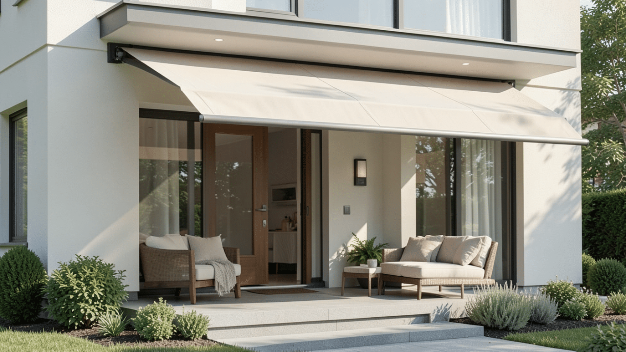 retractable awning design showcasing front porch overhang ideas with adjustable shade modern style and a comfortable outdoor seating area