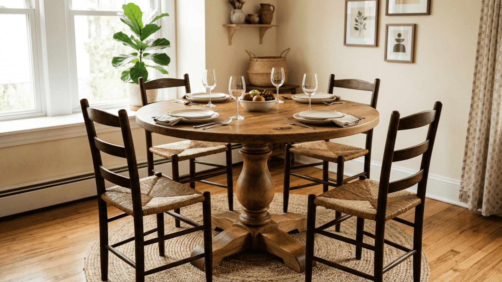 round wooden dining table with woven chairs place settings and fruit bowl beside bright windows and indoor plant