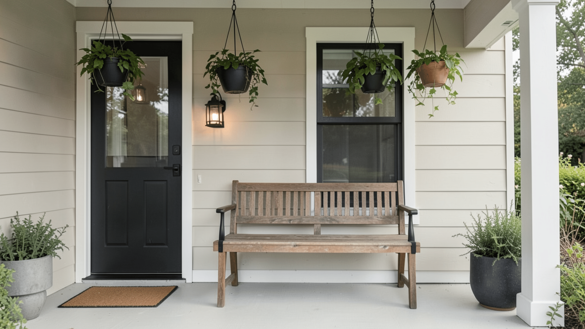 rustic bench with hanging plants and black door in a cozy entryway perfect front porch ideas for a welcoming home