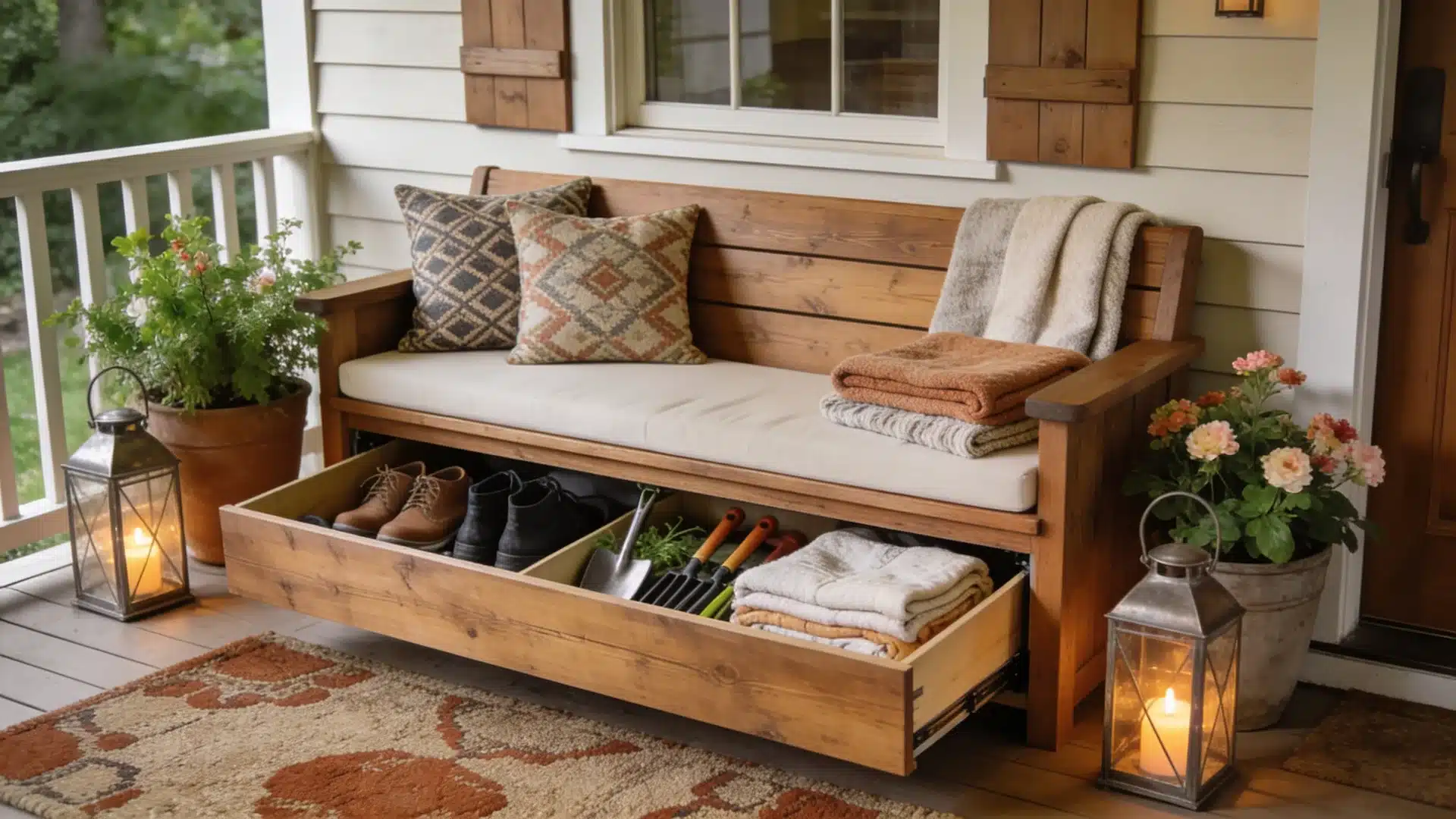 rustic bench with hidden drawers and cozy decor showing smart front porch ideas for stylish storage seating